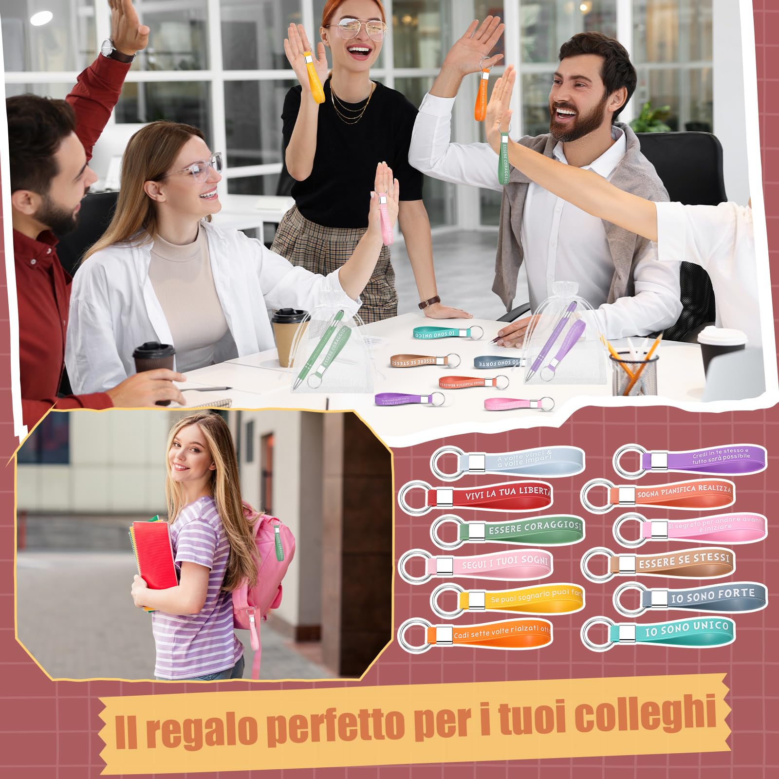Jadive 12 Set de Regalo para Colegas Bolígrafos Motivacionales en Italiano Bolígrafo con Proverbios Llavero Motivacional de Silicona Bolsa de Organza Regalo para Empleados y Profesores