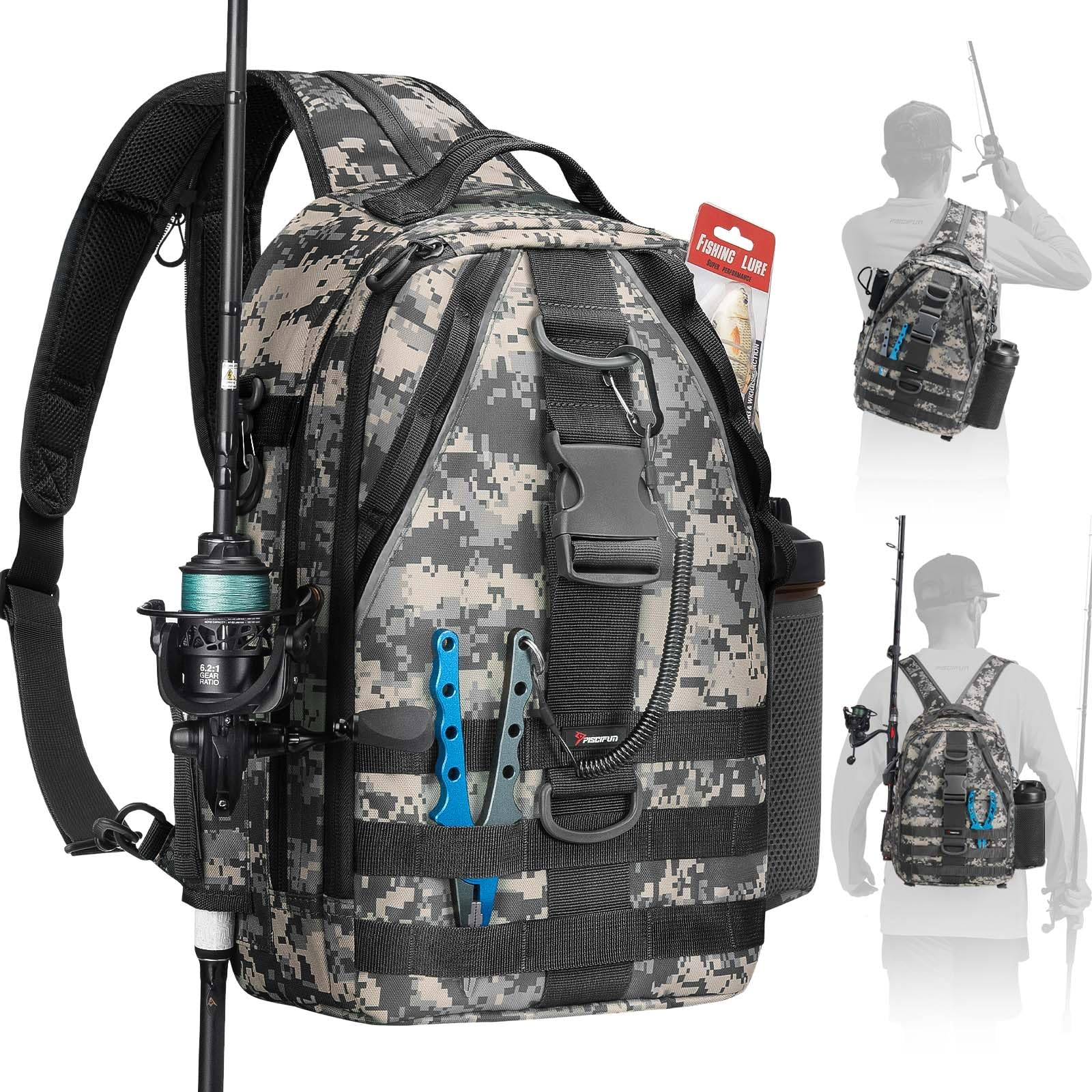 Piscifun Lightweight Fishing Backpack, Rod Holders, Digital Camo Large