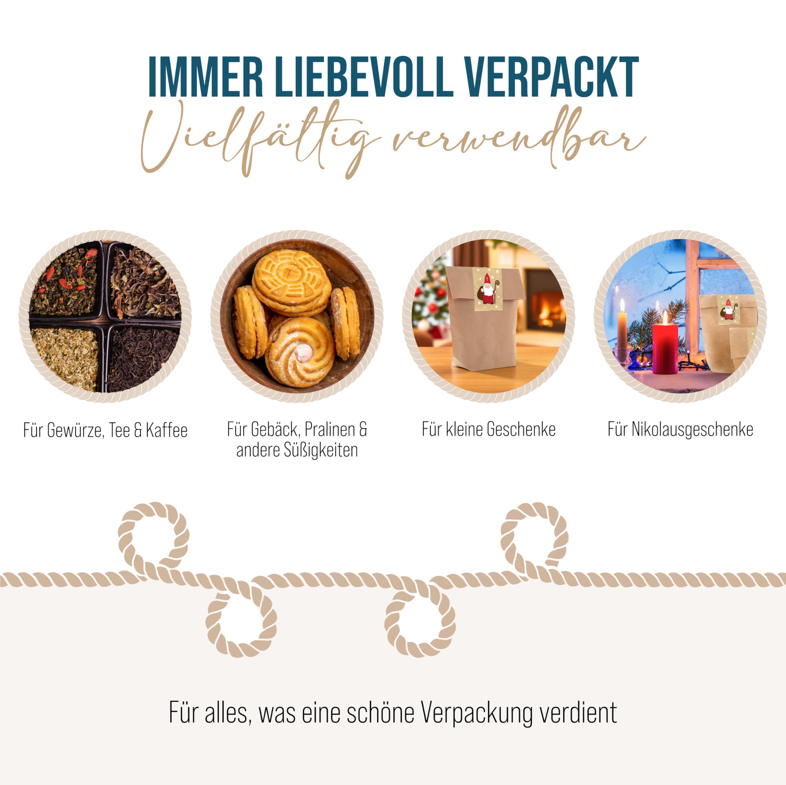 Logbuch-Verlag 100 brązowych torebek prezentowych na Boże Narodzenie 14 x 22 x 5,6 cm z papieru typu kraft z naklejkami bożonarodzeniowymi opakowanie Mikołaja