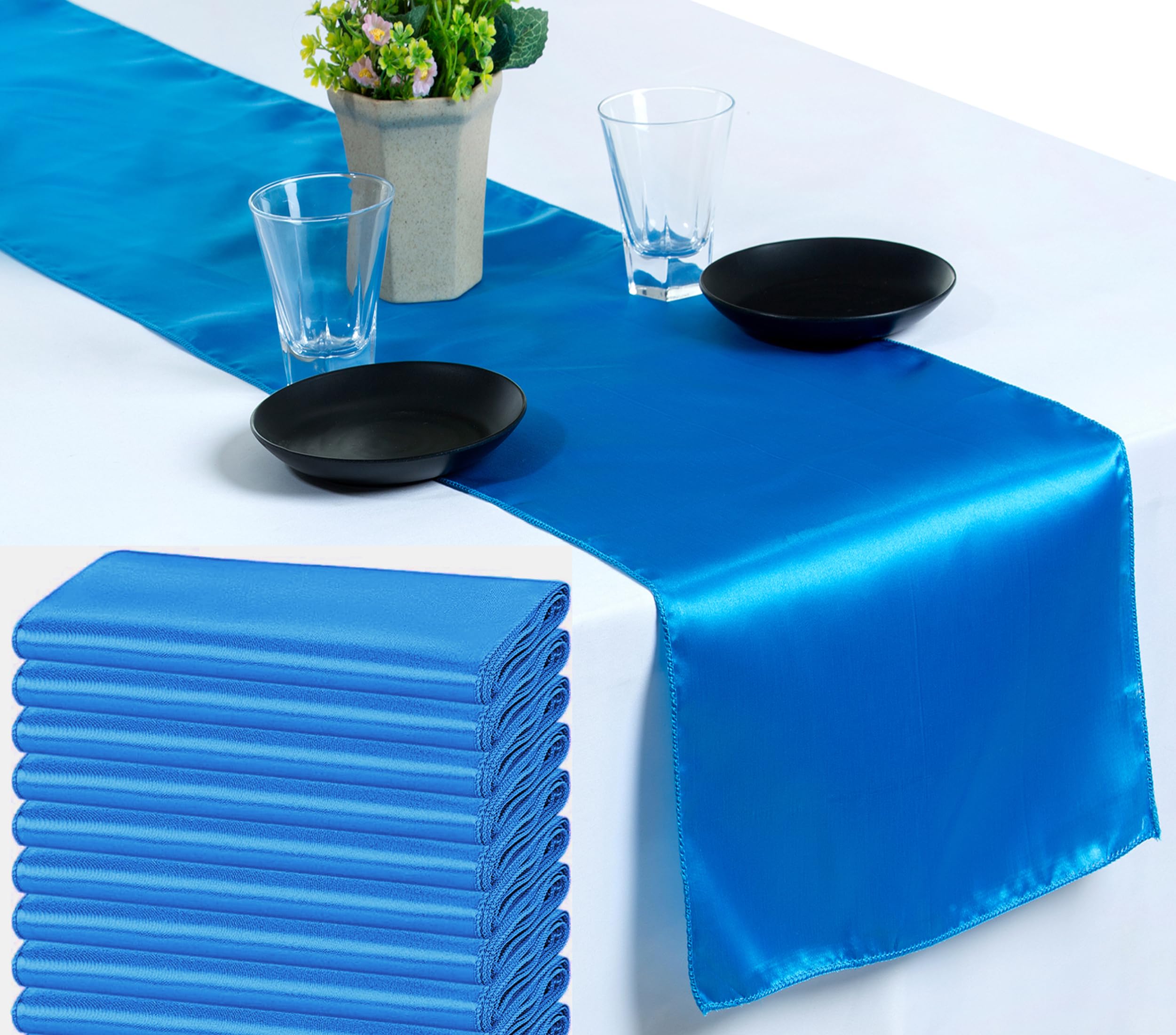 VDS Pack of 30 Satin Table Runners for Wedding & Party Décor 12” x 108”, Smooth Glossy Sateen Fabric Runner, Dining Table Decoration for Reception Banquet & Events Hotel Restaurant - Blue
