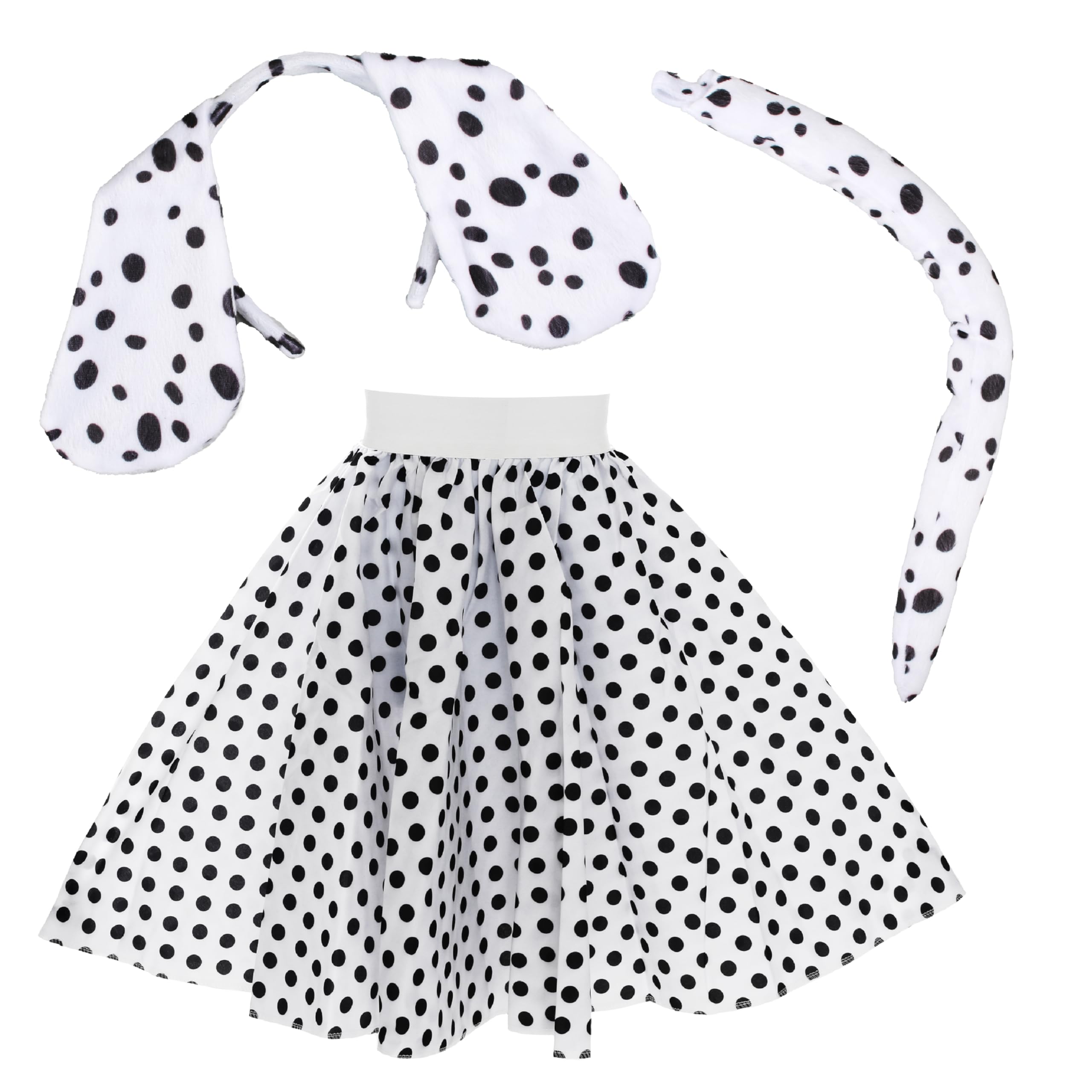Adults Dalmatian Set - White Skirt With Black Polka Dots, Dalmatian Headband With Floppy Ears and Matching Tail - Perfect for World Book Day and Other Fancy Dress Events
