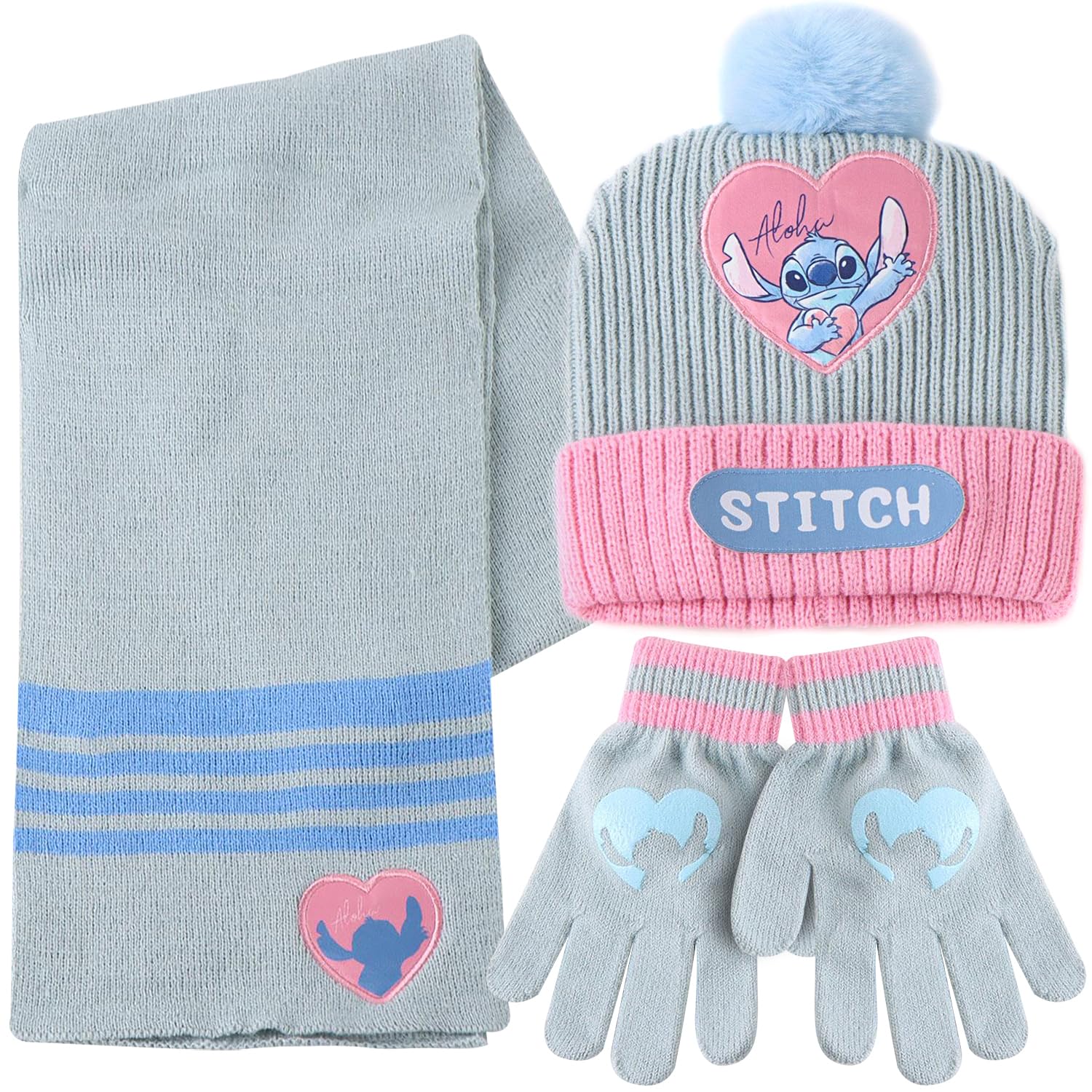 Disney Stitch Ensemble Hiver Enfant 3 Pièces – Bonnet avec Pompon, Écharpe et Gants en Maille Douce et Chaude – Accessoires d'Hiver Fille – Idéal École, Sorties et Cadeau