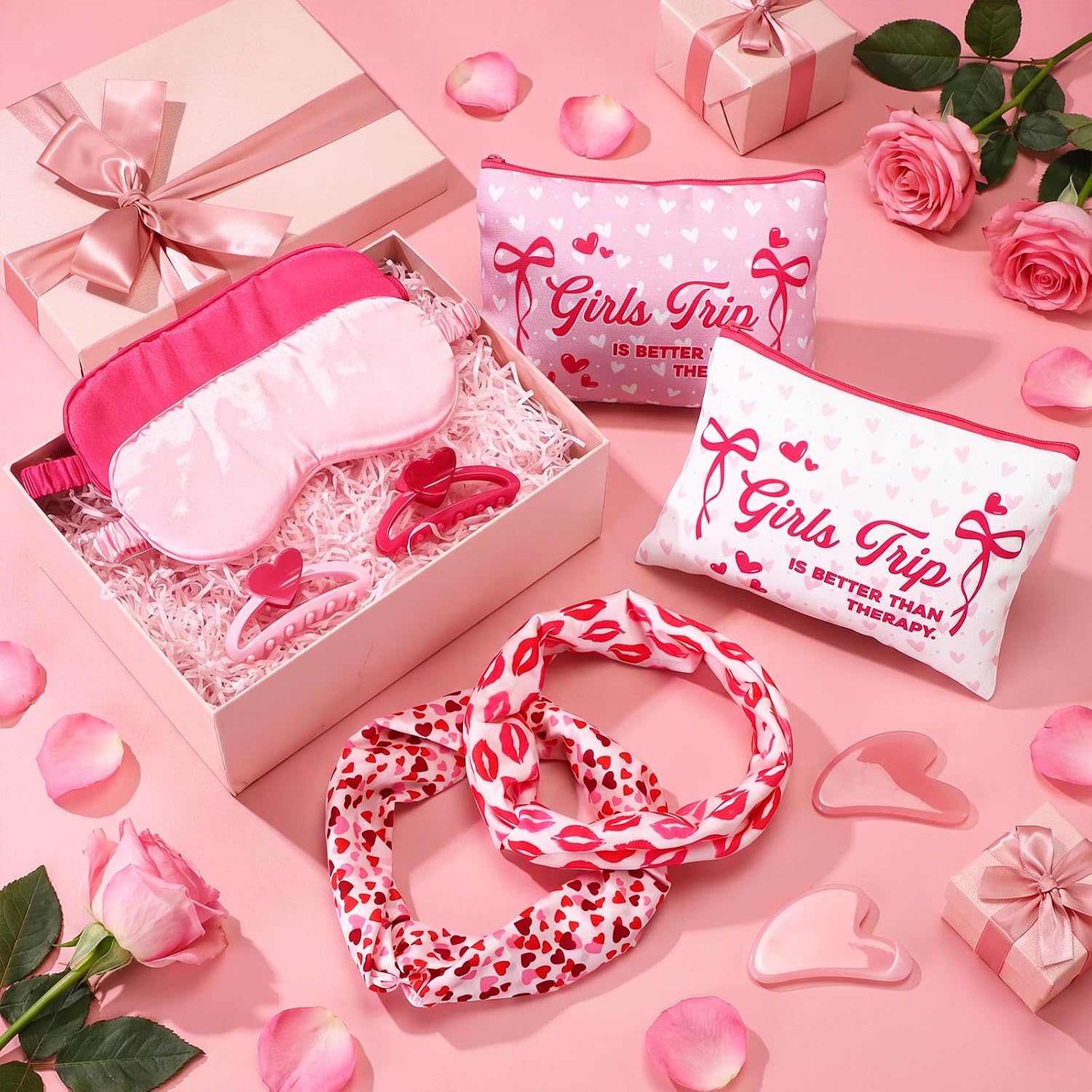 Shinylin 30 Pcs/ 6 Sets Girl Trip Gifts Favors for Women 2026 Girls Weekend Gifts Travel Makeup Bag Eye Mask Spa Gua Sha Tool Hair Clips Headband Friendship Weekend Party Gift for Bestie Friend Sister