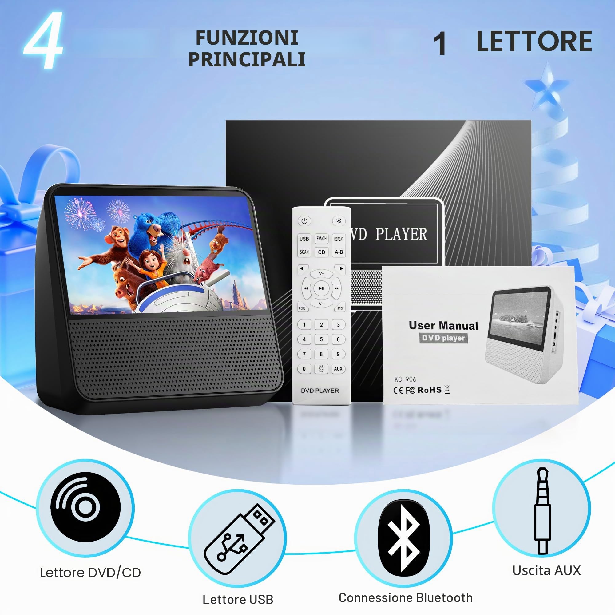 Lettore DVD Portatile 9,8‘’ con Schermo, Batteria 4000mAh Viaggio in Auto | Lettore DVD per Bambini TV, Supporta Bluetooth/AUX/AV/USB, Timer Sleep, Sync TV, DVD Player Multiregionale con Telecomando
