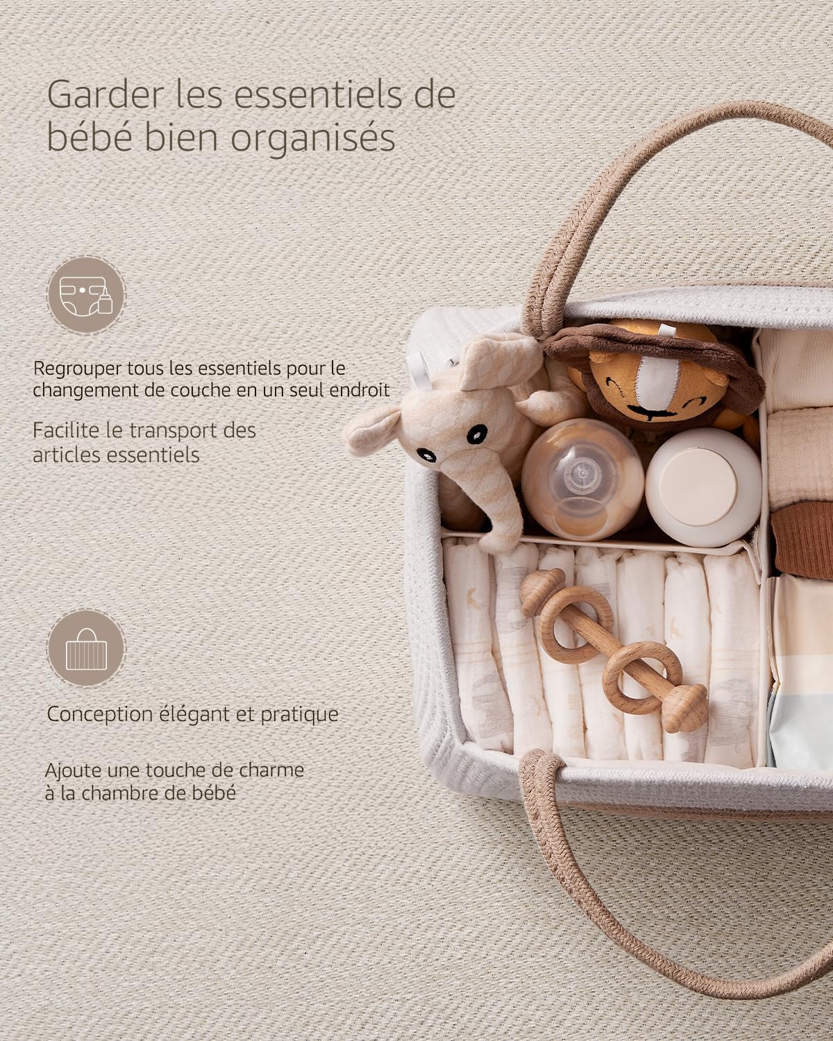 Organisateur Couches Bébé Corde Coton Rose – Grand Panier Essentiels Nouveau-né