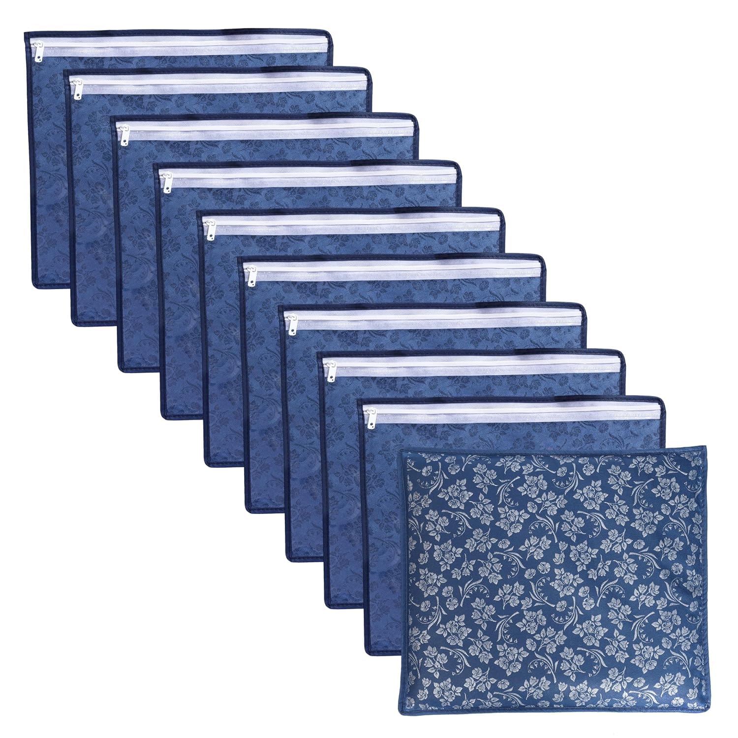 LAXIS® Non-Woven Printed Single Saree Cover, Saree Bag Pack of 10Pcs, Transparent Saree Covers With Zip, Saree Covers For Storage, Wardrobe Organiser, Size-36x42x2cm (Blue)