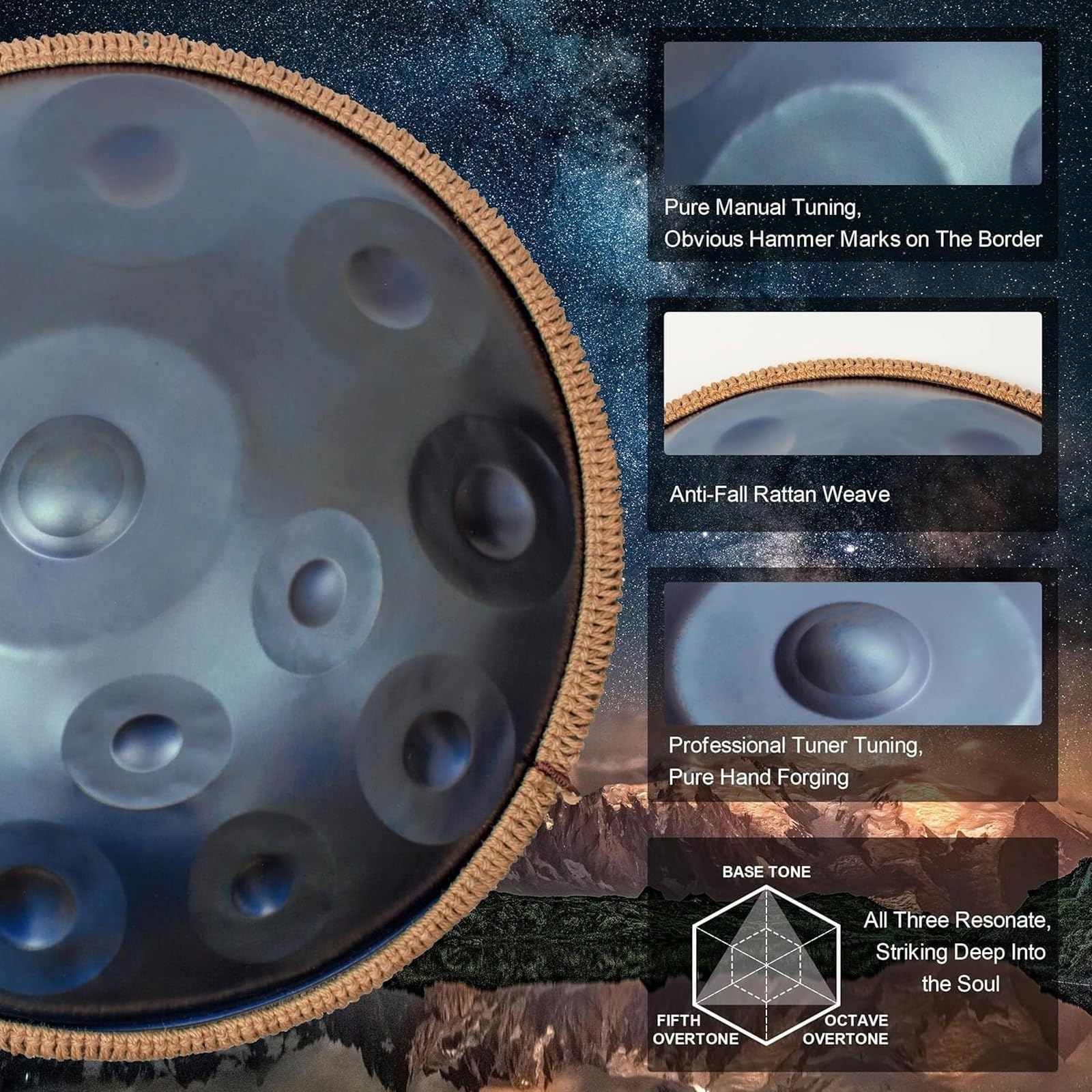 Handpan Drum 432Hz/440Hz, 9/10/12 Note Re Minore Tamburi Curdi Strumento Per Adulti, Tamburo A Percussione In Acciaio Da 22 Pollici Per La Meditazione Yoga(Silver,9 NOTES-440HZ)