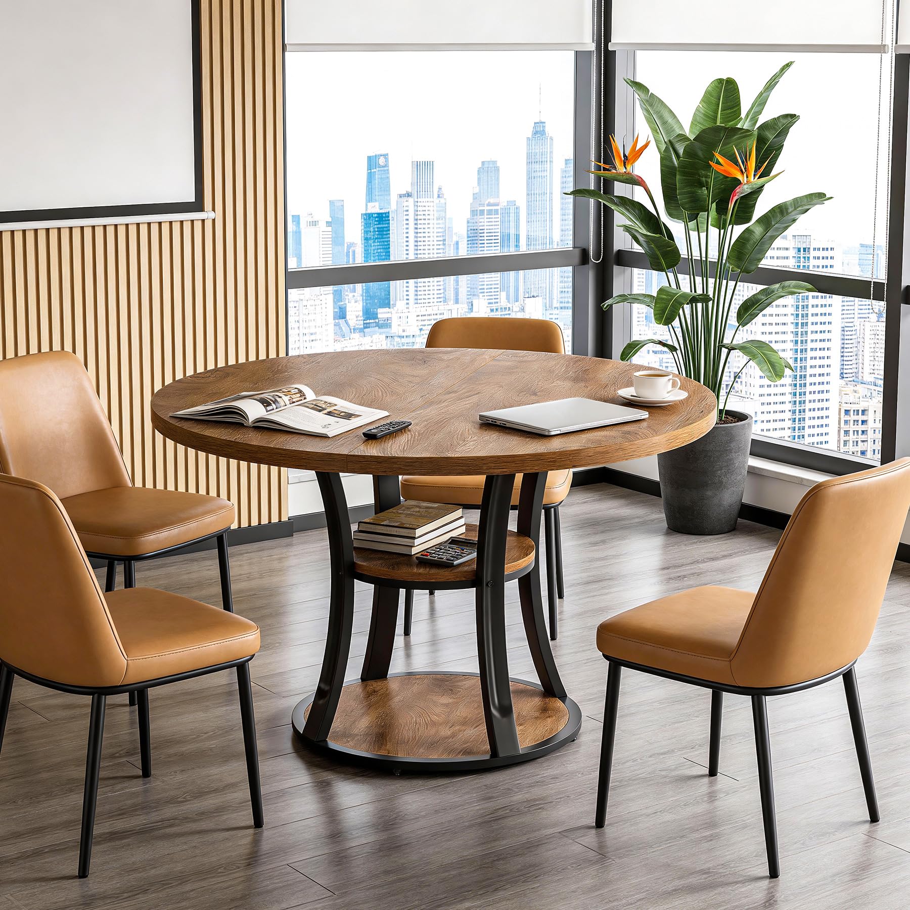 Tribesigns Mesa de reuniones redonda de 100 cm, para 2 a 4 personas, pequeña mesa de conferencias con 2 estantes, base de metal estable, diseño moderno para oficina, oficina en casa y espacios