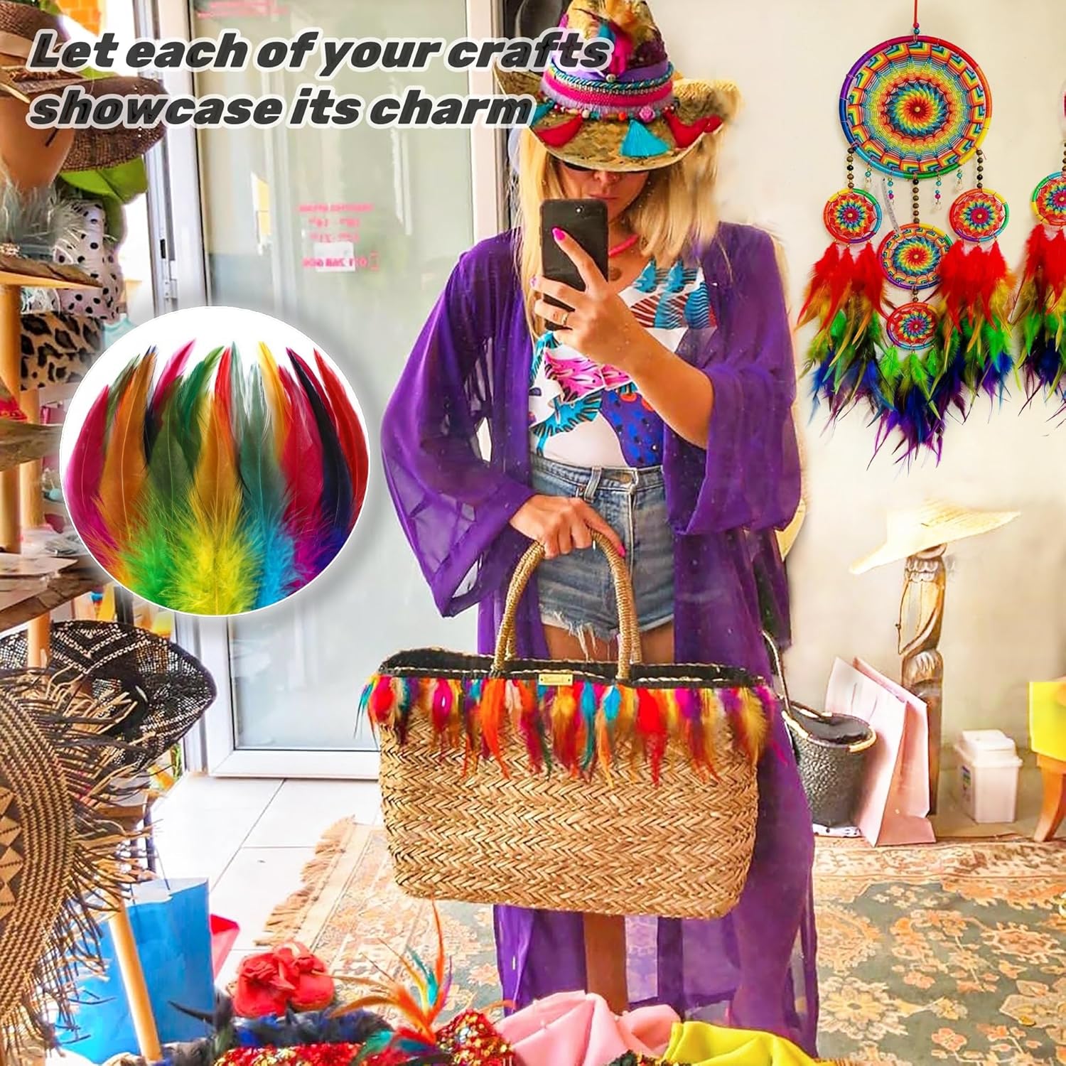 Holmgren Colorful Craft Rooster Feathers - 200pcs 5-7inch Colored Feathers Bulk for Kindergarten DIY Crafts, Art Projects and Party Decorations (Colorful)