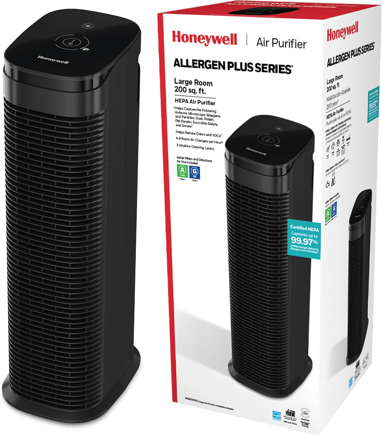 Honeywell HPA175B Allergen Plus Series Compact HEPA Air Purifier Tower, Allergen Reducer for Large Rooms (200 sq ft), Black - Wildfire/Smoke, Pollen, Pollen, Pet Dander & Dust Air Purifier - Thumbnail 2