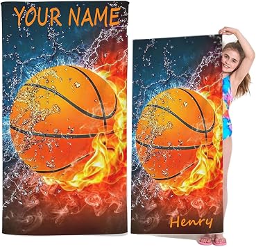 KIDSLOVE Personalised Basketball Beach Towel with Name Personalised Basketball Towel with Name Bath Towel for Teenagers Boys Microfibre Beach Towel Large 100 x 200 cm 70 x 140 cm 1