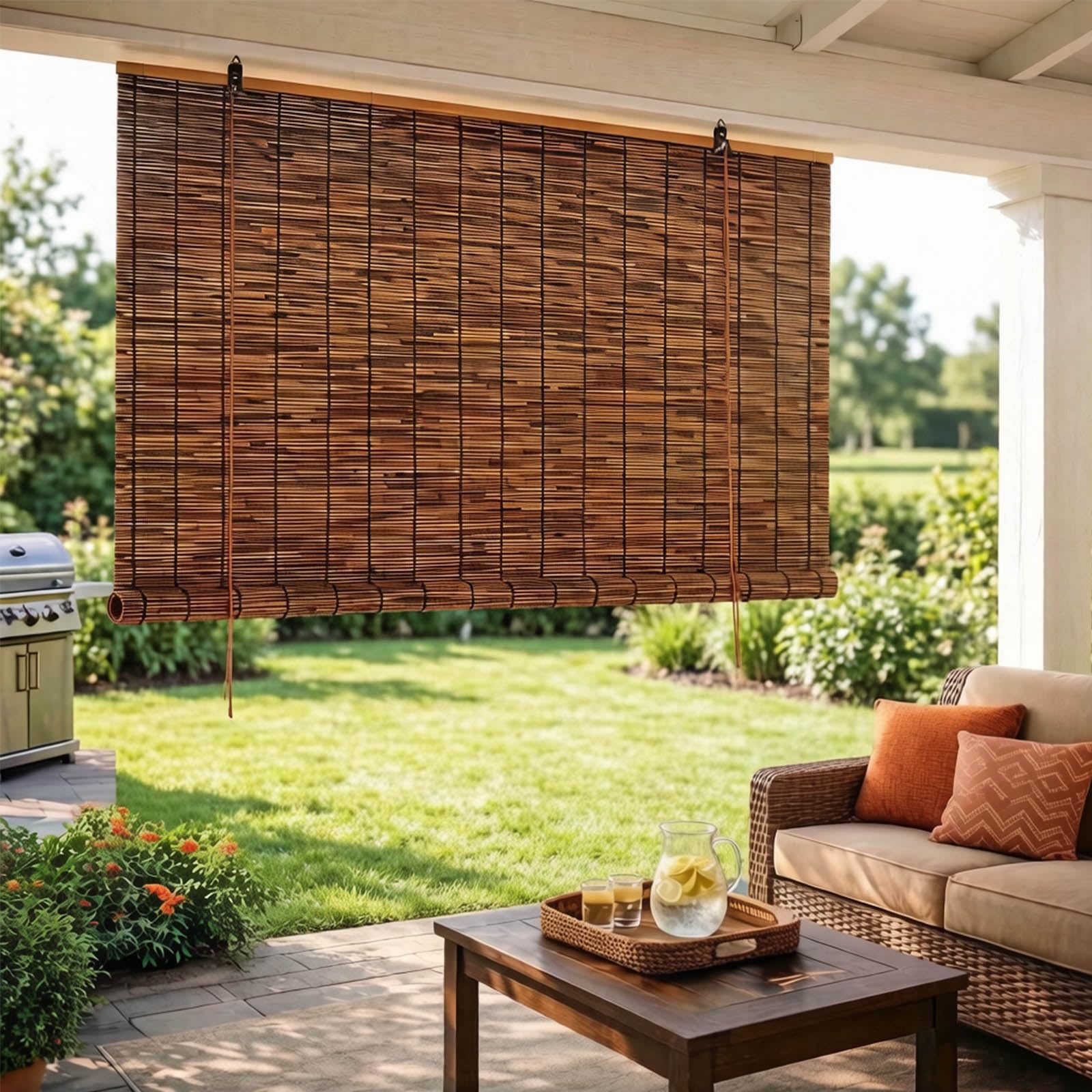 Retro-Bambusrollos für Terrasse, Bambus-Rollos für den Außenbereich, wasserfeste Schilfrollos, Verdunkelungsrollos aus Bambus, lichtdurchlässiger Sonnenschutz für Veranda(160 x 210CM)