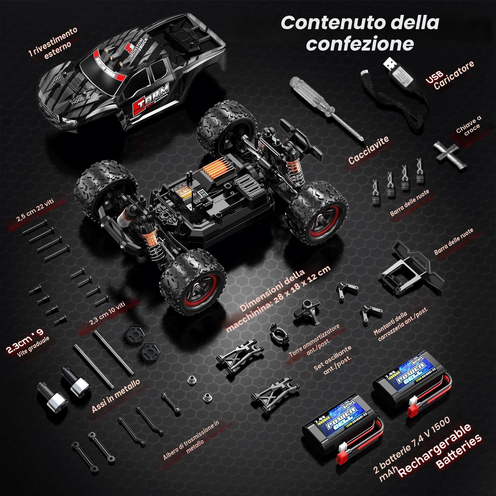 Macchina Telecomandata 4x4 Brushless 1:18, Macchina Radiocomandata Professionale RC Car 52 km/h con Trasmissione in Metallo, 2 Batterie 1500mAh e Kit Parti di Ricambio, Auto Radiocomandata