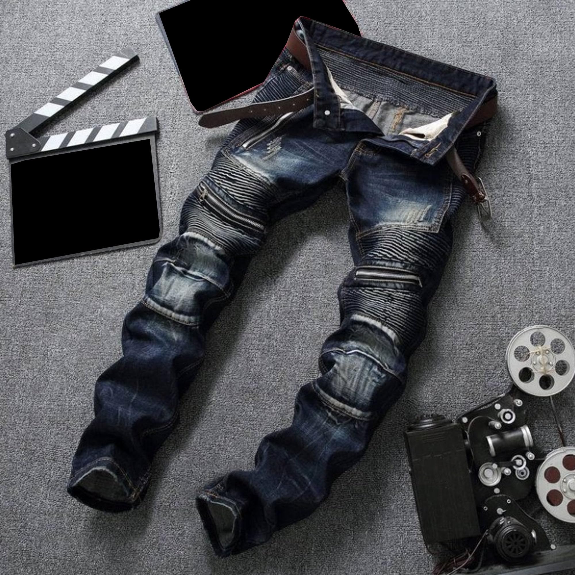 Jeans da motociclista da uomo, con cerniera, effetto lavato, vestibilità dritta, slim fit, jeans classici slim fit, jeans moto lavato