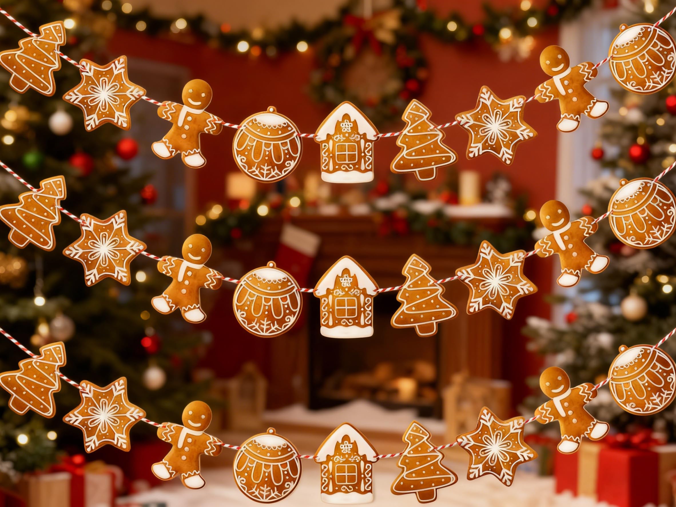 3pcs Christmas Gingerbread Banners Gingerbread Snowflake Tree Theme Decorations Xmas Winter Party Hanging Decorations for Christmas Winter Holiday