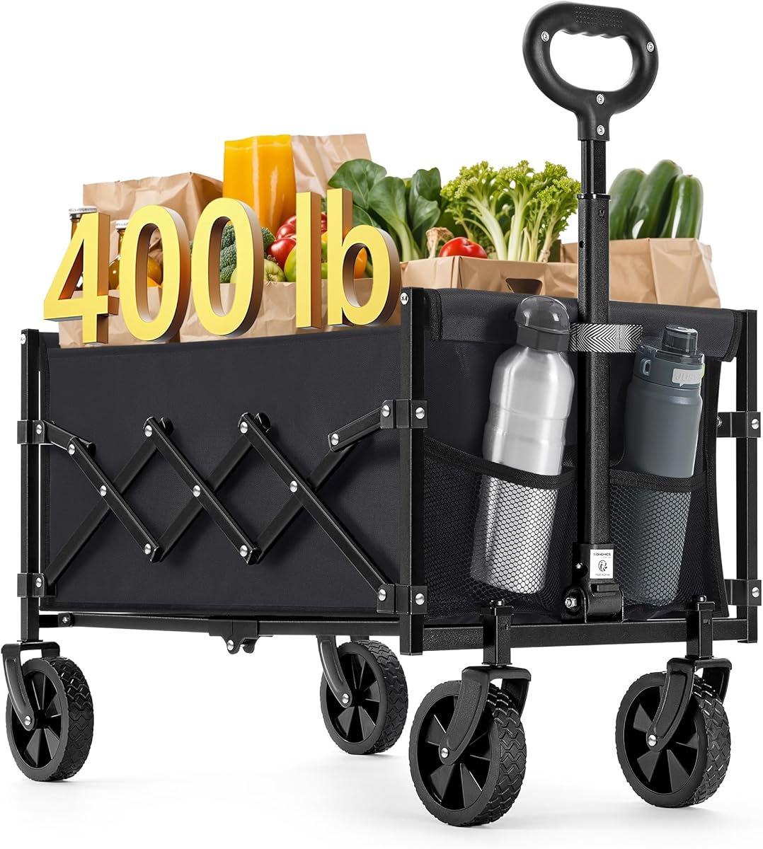 SONGMICS Folding Wagon, Portable Wagon Collapsible with Wheels, Utility Pull Wagon, Camp Garden Cart with Handle, Loads Up to 330 lb, Outdoor, Yard, Ink Black UGFW909B01