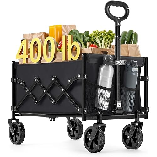 SONGMICS Small Collapsible Wagon with 400 lb Dynamic Weight Capacity, Foldable Wagon Cart, Folding Camp Cart with Wheels, for Outdoor, Yard, 90 L, Ink Black UGFW909B01