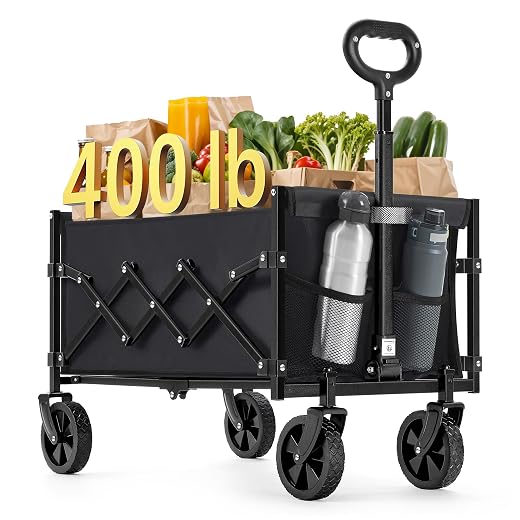 SONGMICS Small Collapsible Wagon with 400 lb Dynamic Weight Capacity, Foldable Wagon Cart, Folding Camp Cart with Wheels, for Outdoor, Yard, 90 L, Ink Black UGFW909B01