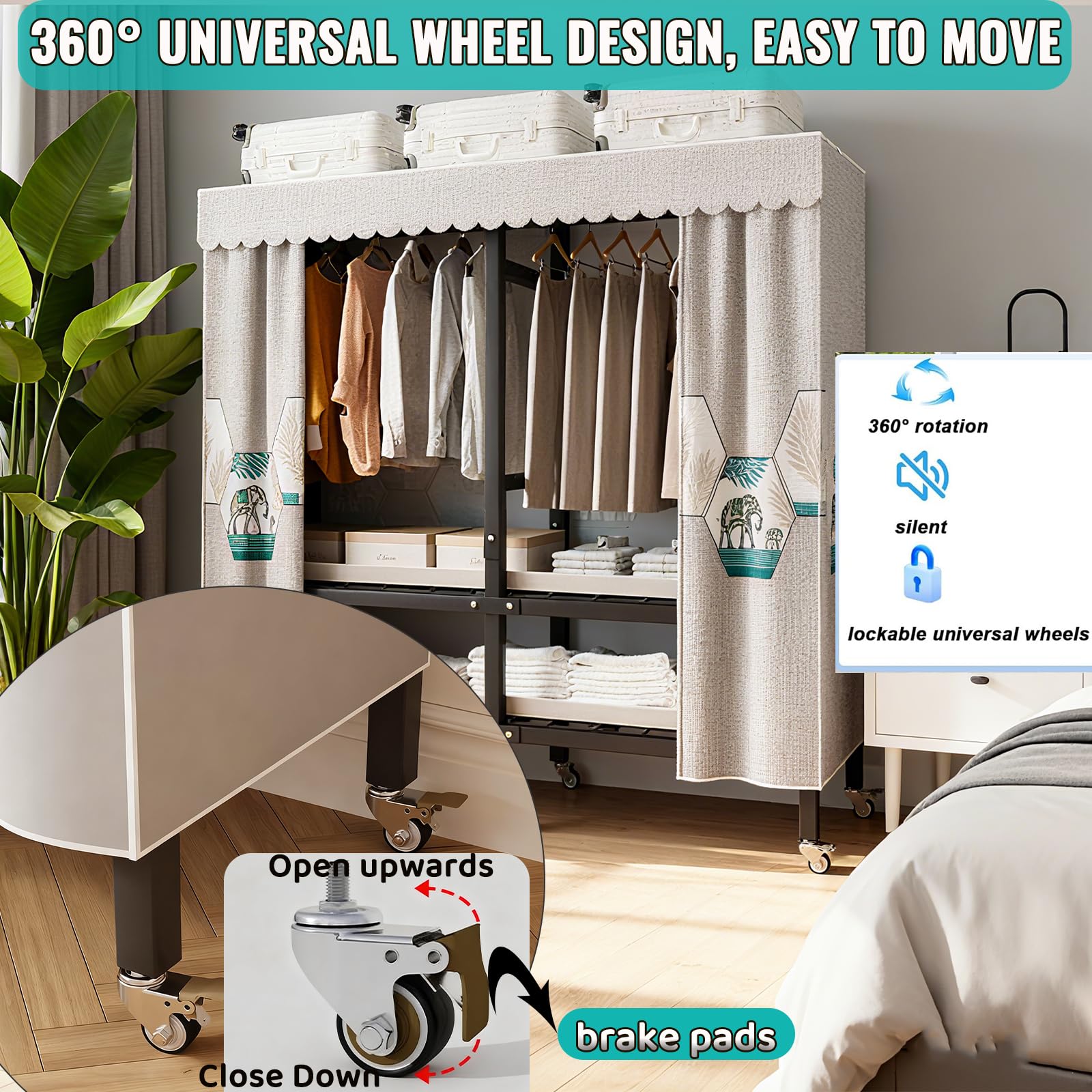 Mobiler Industrieller Kleiderständer mit Rädern, zusammenklappbarer Kleiderständer zum Aufhängen von Kleidung, tragbares Kleiderschrank-System,A,49.2"/125CM