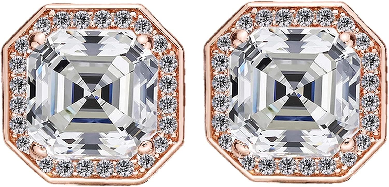 14K Solid Gold Post & Sterling Silver Asscher Cut Halo CZ Stud Earrings 0.80-4.00cttw Cubic Zirconia