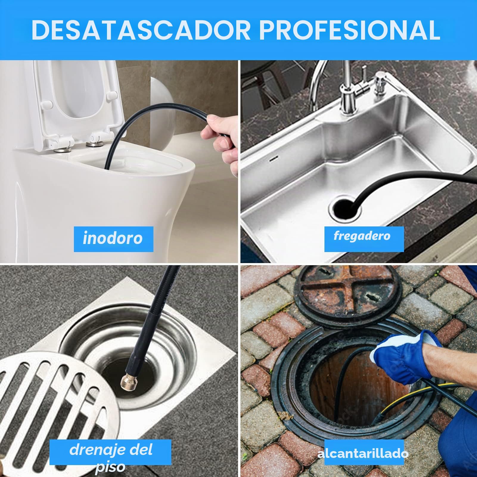 YUET Manguera de limpieza de tuberías para Kärcher K2 K3 K4 K5 K6 K7, Mangueras para Limpiadoras a Presión 10m 33pies 2300 PSI /180 Bar/18MPA +60° Kit de y Drenaje con Adaptador para Lavor Serie