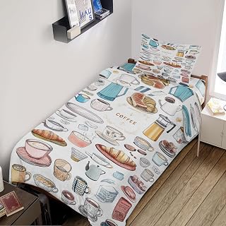 Twin XL Dorm Bedding Set 4 Pieces, Coffee Time Duvet Cover, Fitted Sheet, Flat Sheet, Pillowcase, French Breakfast College Bedding Essentials for Students, Croissant Bed Set