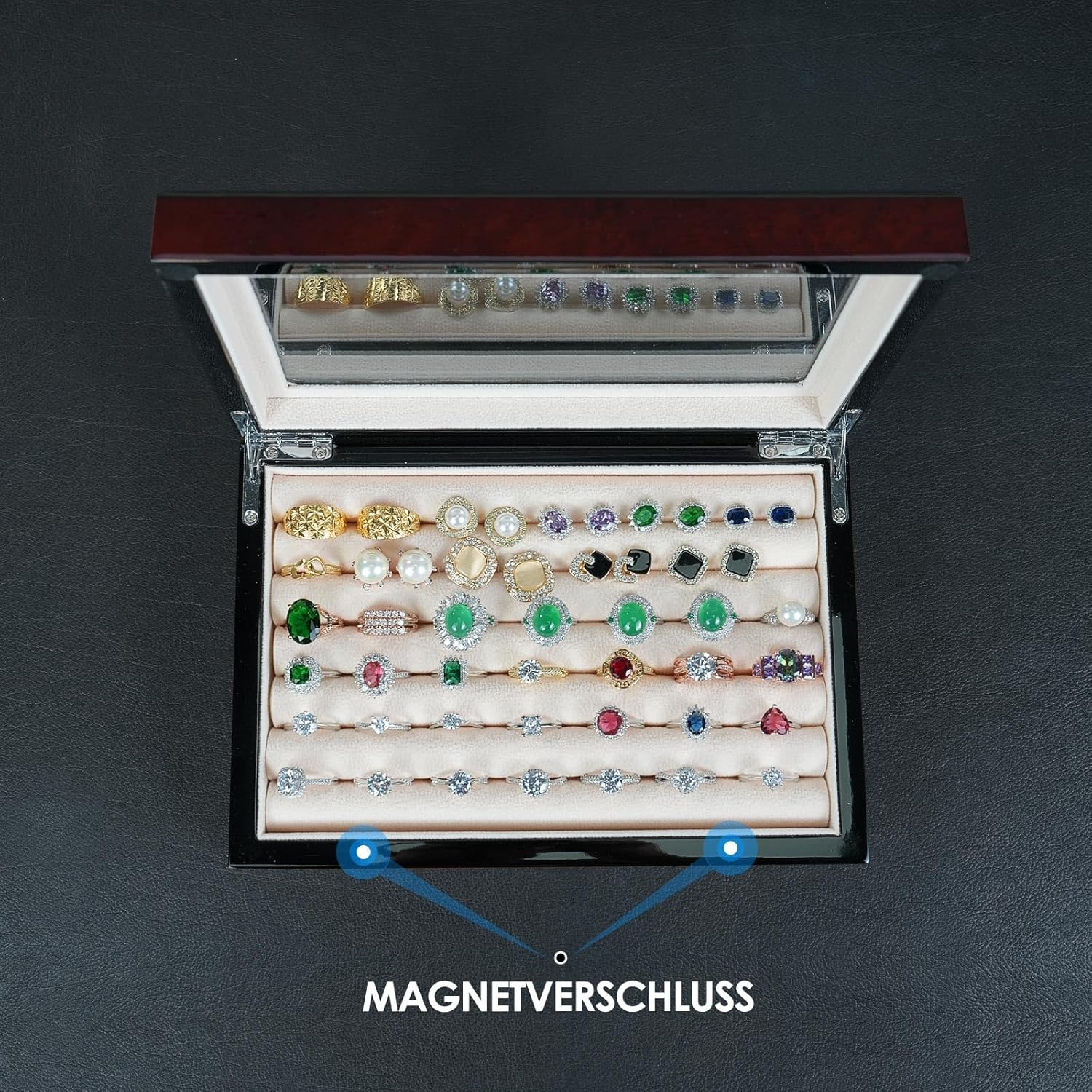 Wooden Ring Box Earring Storage Box Jewelry Organizer for Women, Top Glass Window - Magnet Closure, Men's Cufflink Box At Least for 24 pairs Cufflinks or 40 Rings Holder Display (Burgundy)