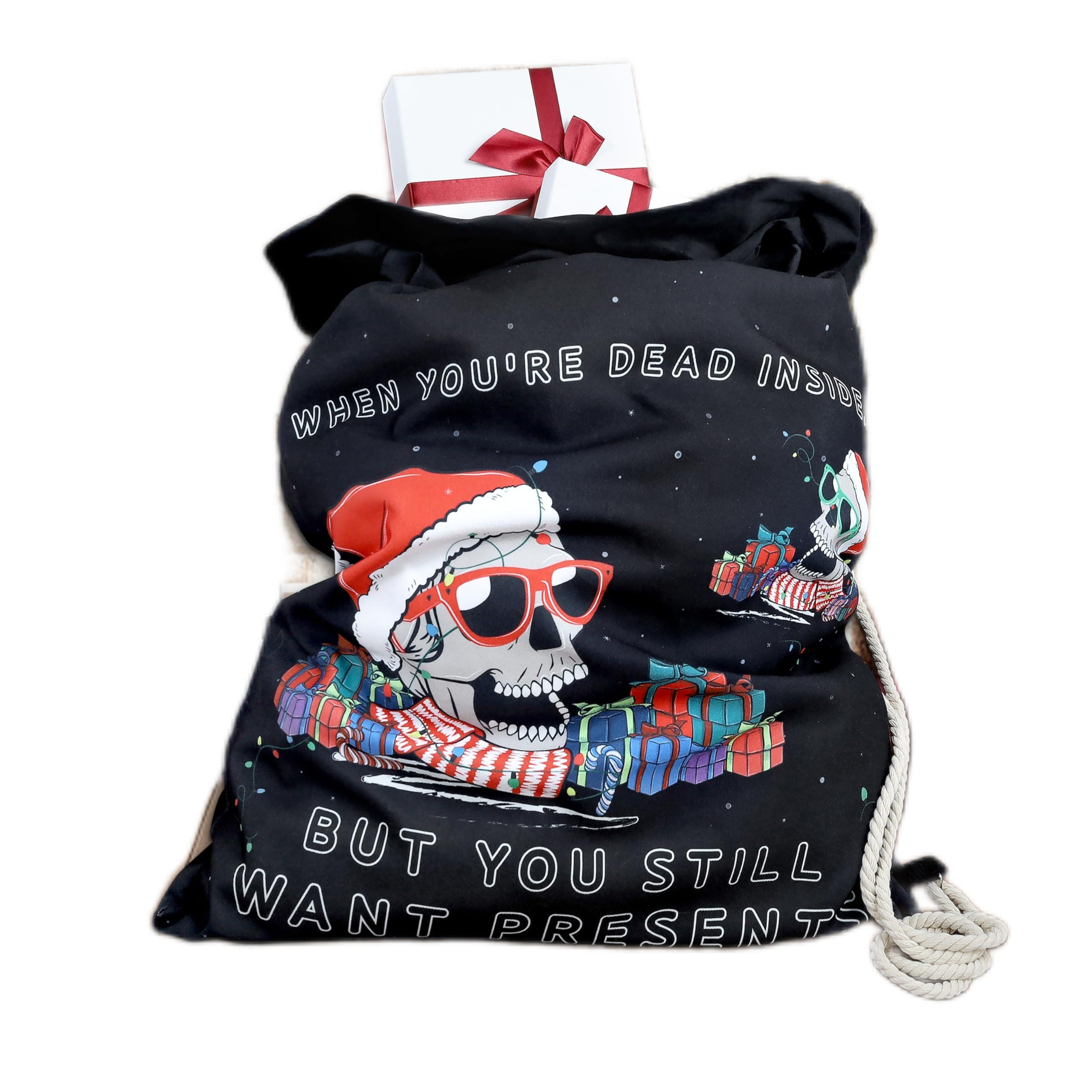 Saco de Papá Noel negro, divertidas cabezas de esqueleto de calavera, lona de algodón, ribete de terciopelo negro, bolsa de Navidad gótica, paquete de hombro de Navidad de lujo, tamaño grande, 30 x 24
