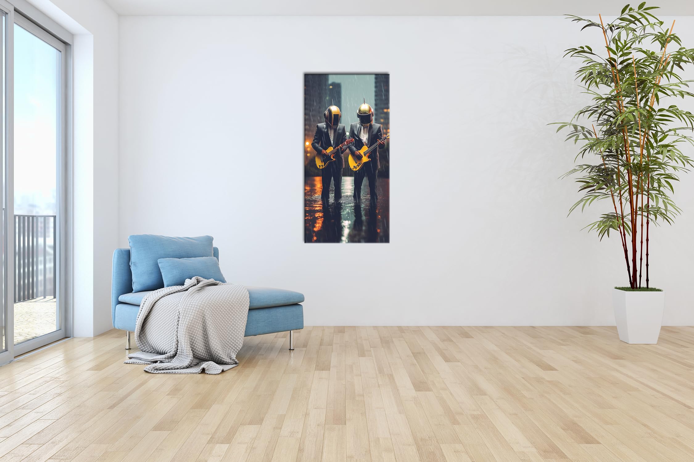 Musicisti futuristici – Eleganza ed elettronica sotto la pioggia Panorama 120 x 60 cm XXL Stampa artistica su cornice di legno/tela/parete parete decorazione soggiorno