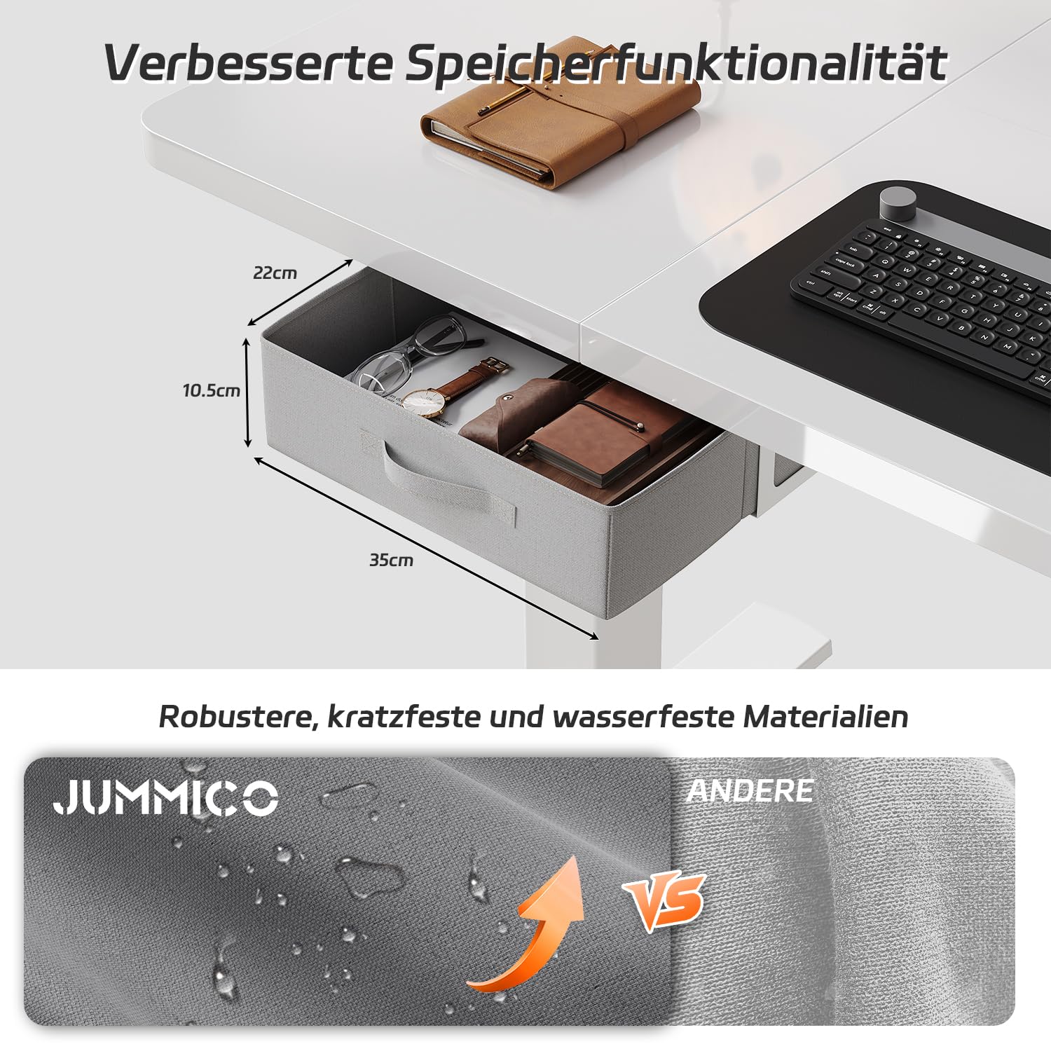 JUMMICO Höhenverstellbarer Elektrischer Stehtisch 160 x 80 cm mit Schublade und Haken – Höhenverstellbarer Sitz-Steh-Tisch mit Stabilem Stahlrahmen, Breiter Stehtisch für das Homeoffice, Weiß