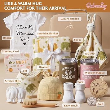 New Parents Gift Set with Suitcase Box, New Mom and Dad Gifts, Newborn Baby Essentials Gift Box with 2 Tumblers, Security Blanket, Gender Reveal Gifts for Expecting Parents, Christmas Baby Gifts