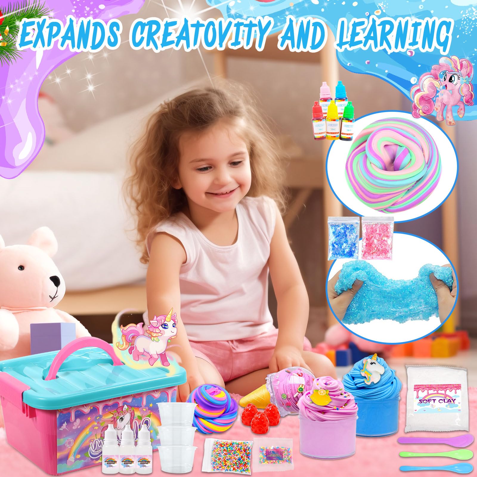 Kit Slime Fluffy per Ragazze - Unicorn Slime Kit Completo per Fare Slime di Gelato, Fluffy, di Burro, Nuvola e Schiuma. Regalo per Bambina DIY, Fai da Te Fluffy Slime