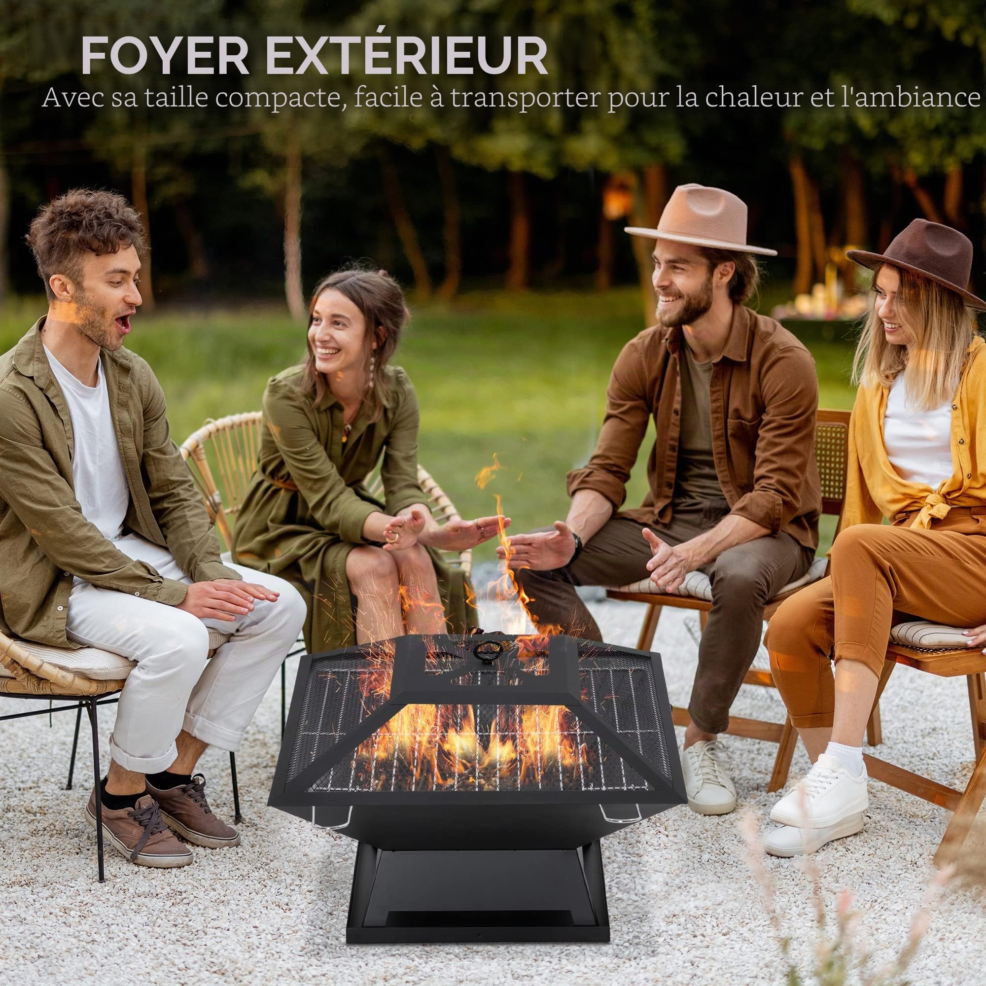 Outsunny Foyer 17.7" avec Grille BBQ, écran Anti-étincelles, Noir