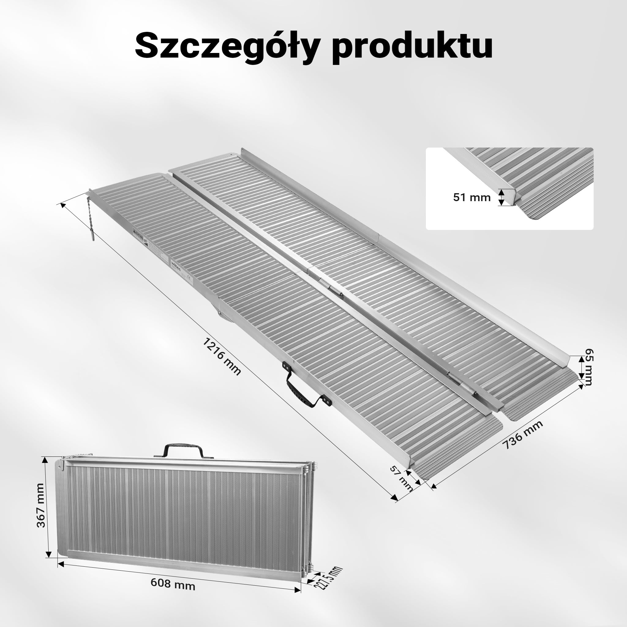 Wiltec Składana rampa najazdowa dla wózków inwalidzkich 122 cm, mobilna rampa podjazdowa do 270 kg, aluminiowa profilowana rampa załadunkowa
