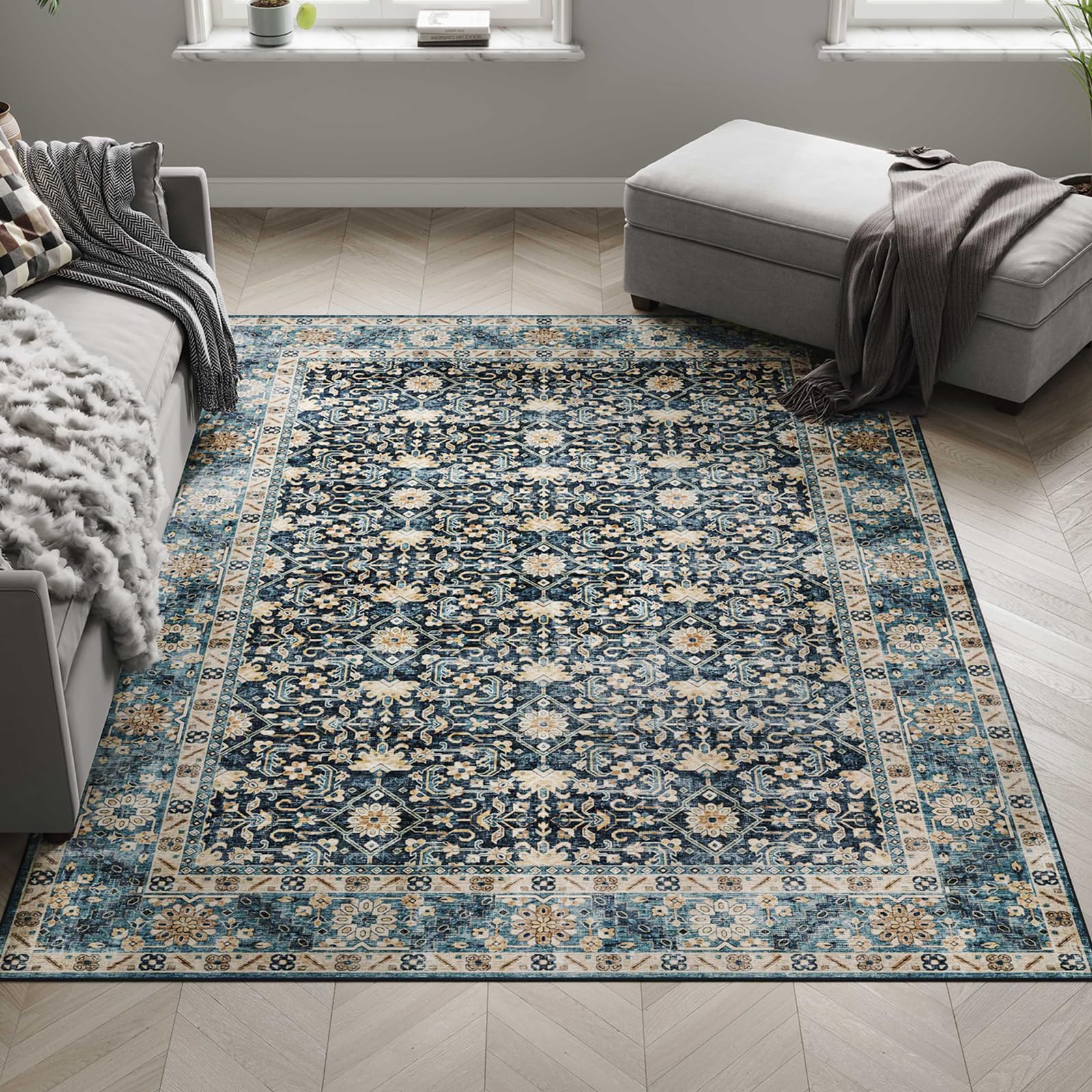 dripex 5x7 area rugs, stain resistant lightweight washable rug, anti-skid rugs for living room, distressed vintage boho rug floor carpet bedroom dining room office