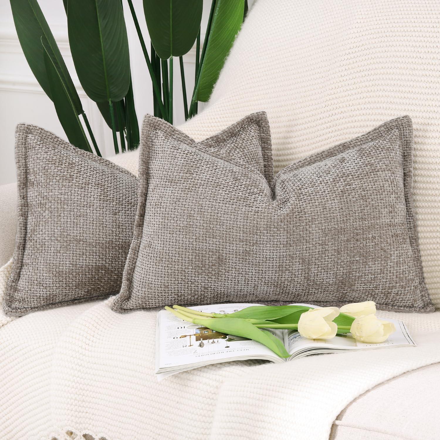 Madizz Set of 2 Chenille Velvet Cushion Covers with Flange Soft Boho Textured Throw Pillow Covers Broadside Pillowcases Modern Farmhouse Home Decor for Sofa Bedroom Taupe 16x24 inch, 40x60 cm