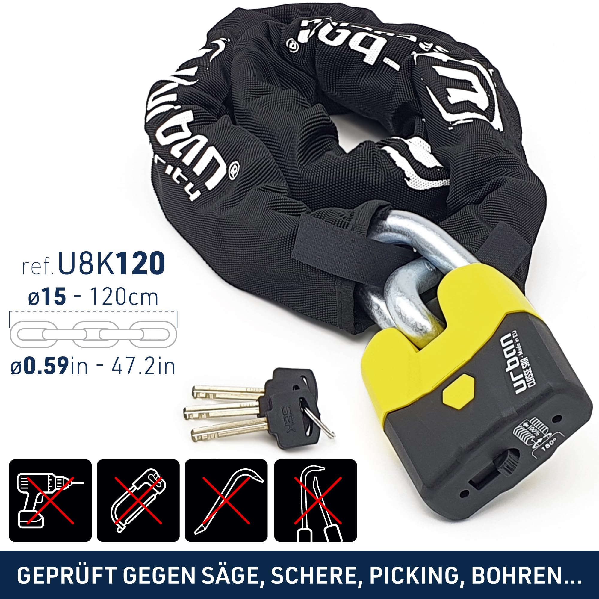 URBAN U8K120 Kettenschloss Motorrad Motorradschloss Vorhängeschloss und Kette, Sicherheit 20/20 mit Zulassung SRA, Gehärteter Stahl, Glieder 15mm Durchmesser, Sicherheitsschloss Motorrad, 120cm