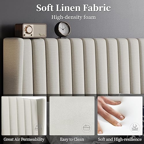 Miniatura 67 de Yaheetech - Base de cama matrimonial, plataforma tapizada con cabecera de borde ala, base de colchón de tela capitoné cuadrada, soporte de listones