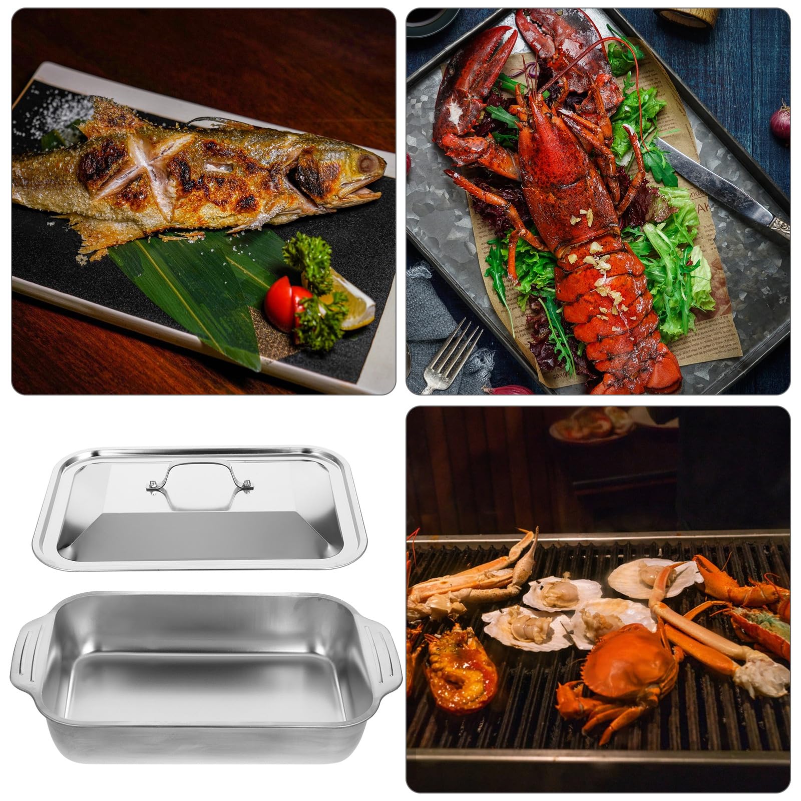 Lasagnera con Coperchio in Acciaio Inox Rettangolare, Teglia da Forno Versatile con Bordi Alti per Cucina Domestica e Barbecue