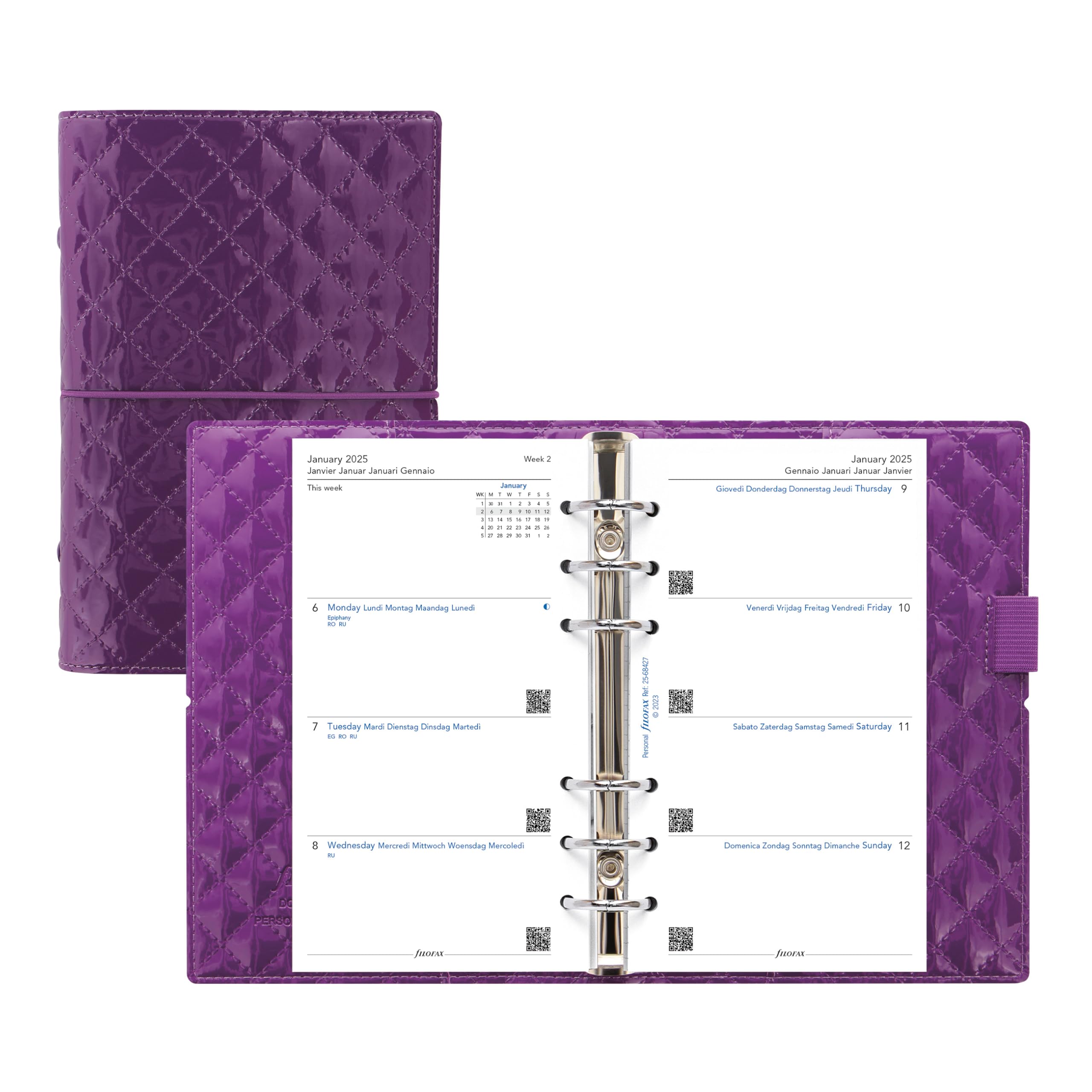 Filofax Domino Luxe Organizer, persönliche Größe, lila - Hochglanz, Steppeffekt, Pariser inspiriert, Sechs Ringe, Wochenansicht, Kalender, Terminplaner, mehrsprachig, 2025 (C027989-25)