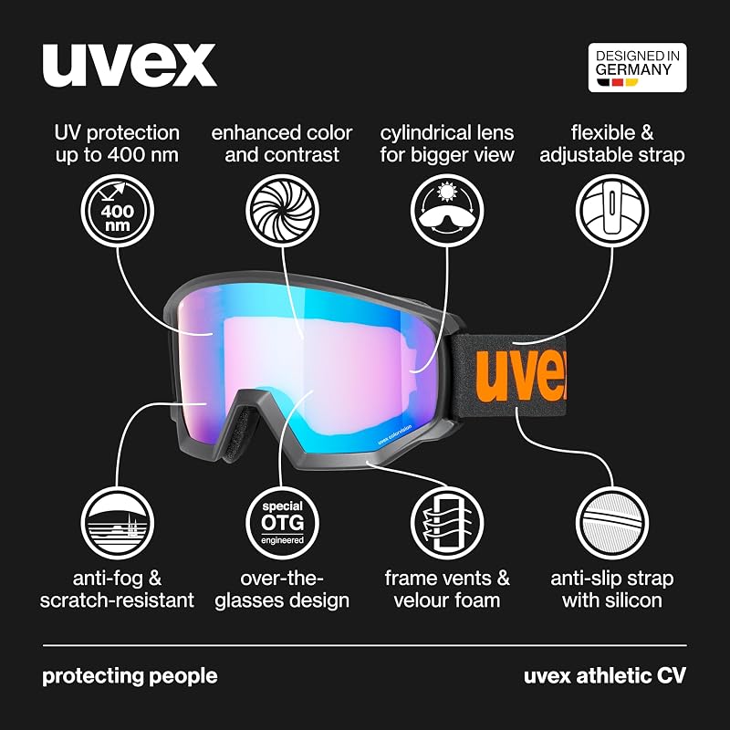 uvex Athletic CV Síszemüveg Felnőtteknek - Fekete/Kék-Narancs, Kategória 2 Szűrő, Páramentes, UV-Védelemmel, Snowboardozáshoz is