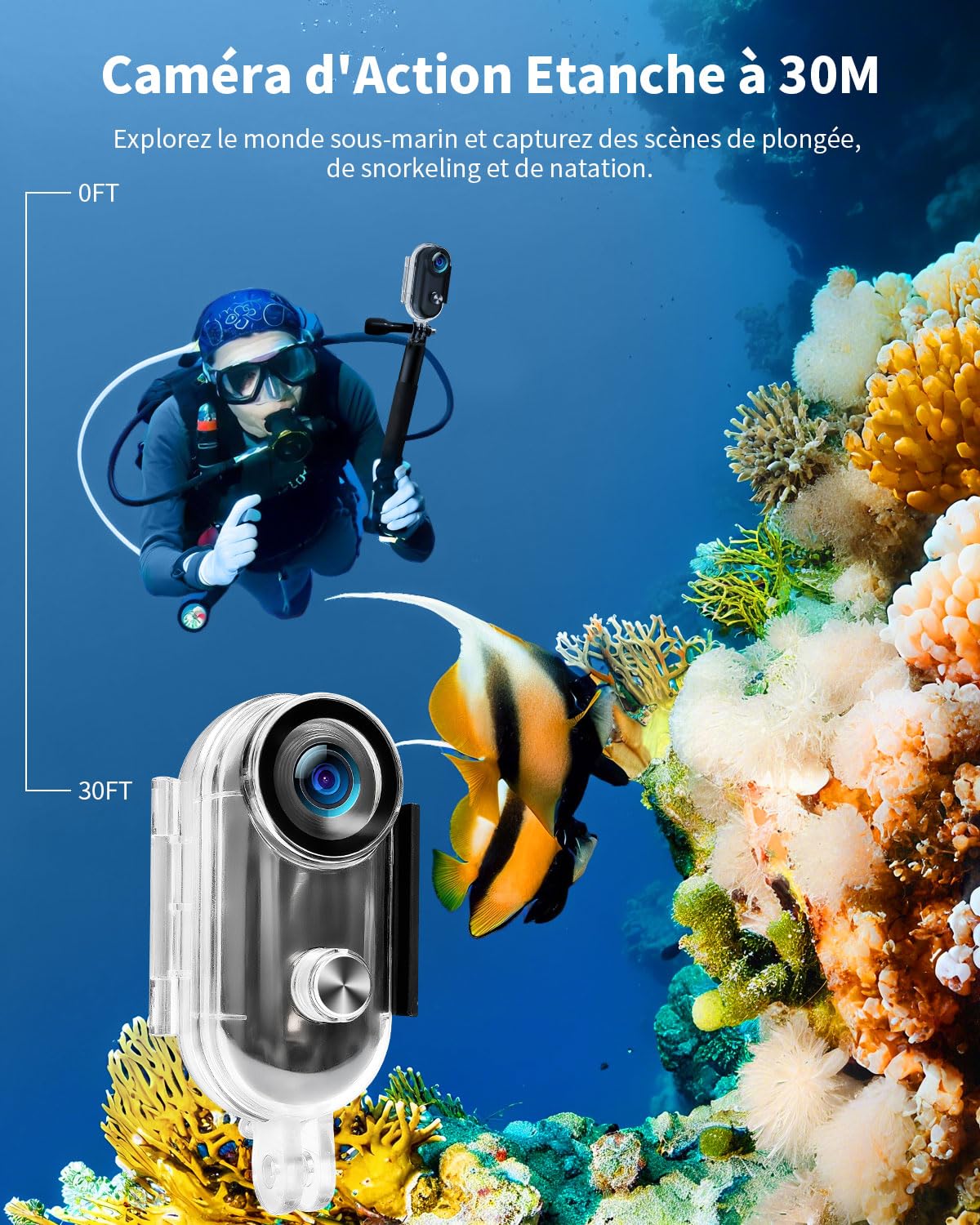 UYIKOO Caméra Sport WiFi, 64GB Mini Caméra d'action 1080P HD, 120° Caméra Vlog Camera Sportive IP68 Étanche à 30M Caméscope Vidéo Vélo, Camera Casque pour Vélo, Ski, Plongée, Animaux