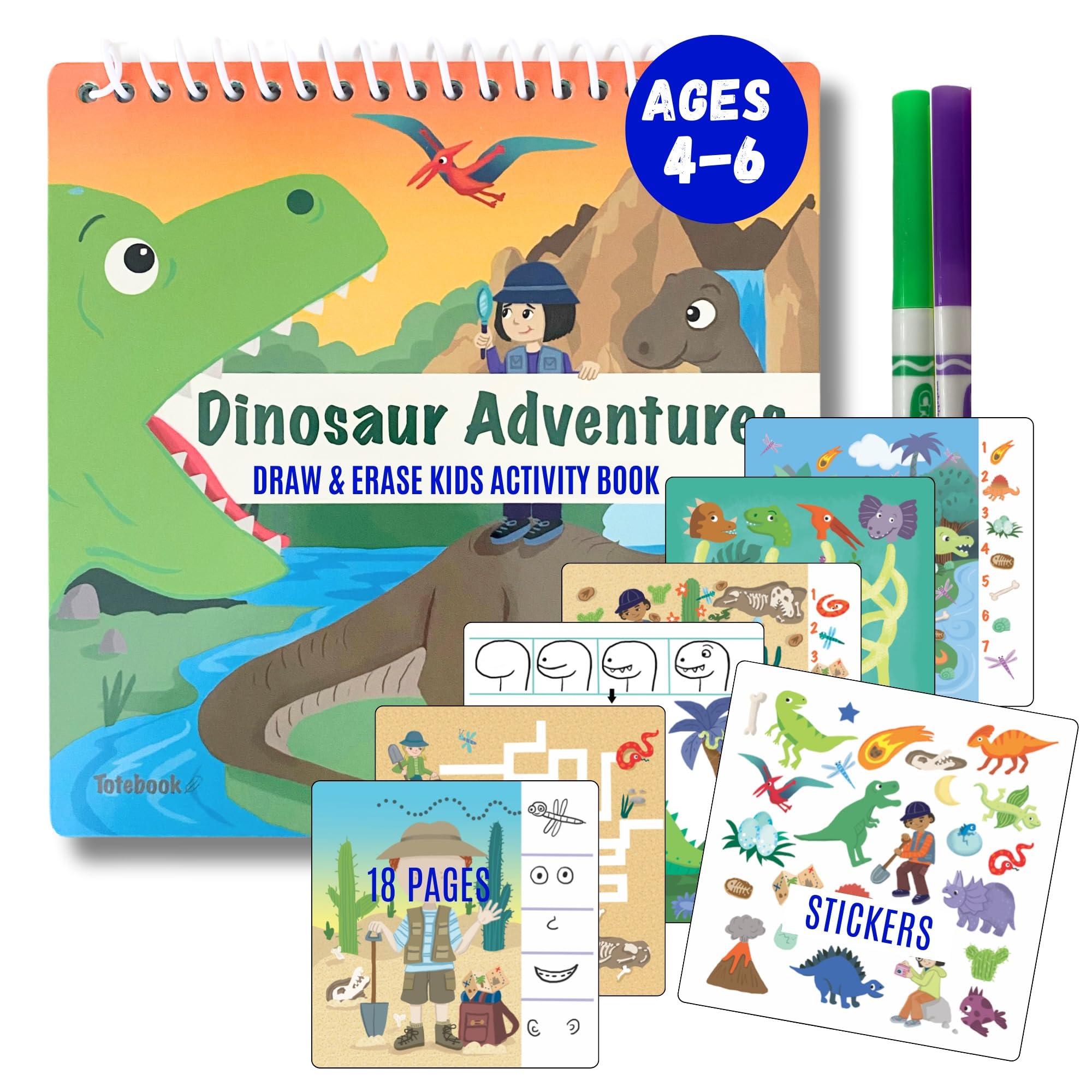 Totebook Kids Travel Educational Activity Book with Washable Markers - Car and Airplane Activities, Learning Toys for Toddlers- Search and Find, Reusable Stickers for Ages 4, 5, 6 (Dinosaur)