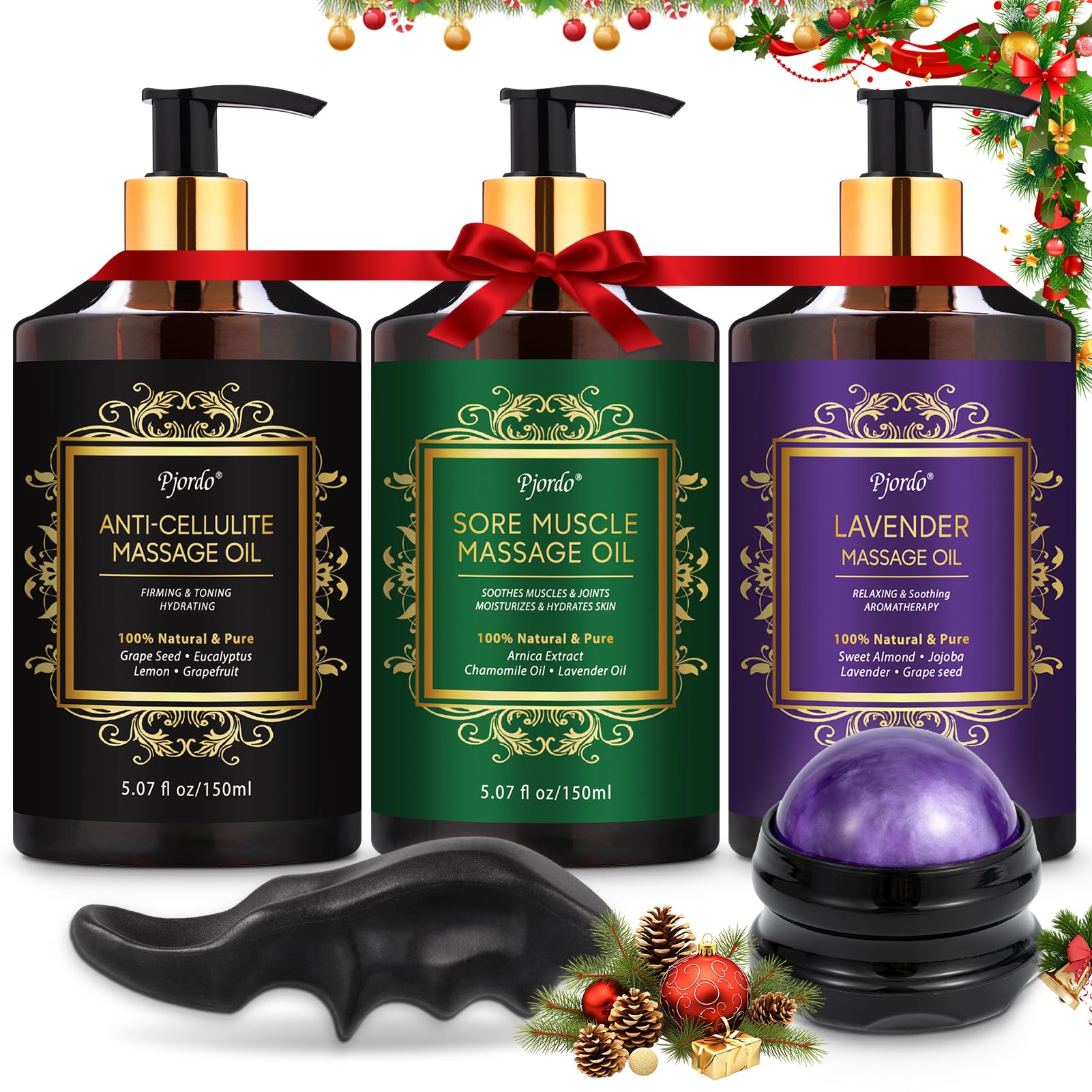3 Pack Massage Oil for Massage Therapy, Lavender Oil for Relaxing, Sore Muscle Arnica Oil & Cellulite Massage Oil, with Massage Roller Ball & Thumb Saver Massage Tool, Christmas Gifts for Women