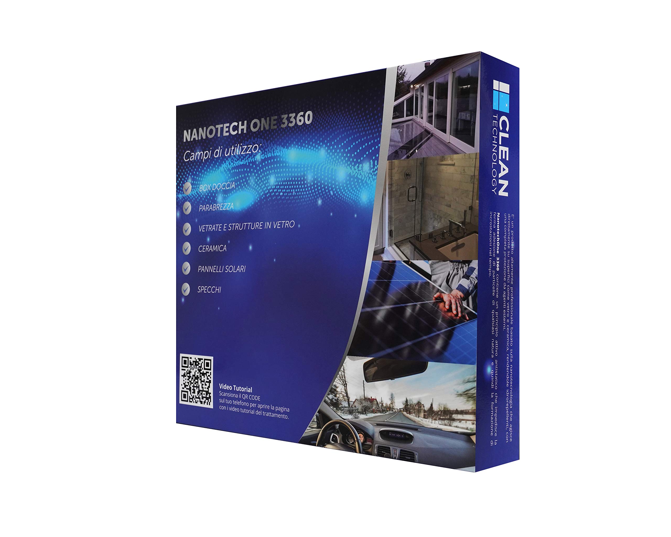 Box Nanotech One 3360 -125 ml con Tergivetro, Protezione Mani, Protezione vie Respiratorie, Cotone Gommato, Panno Microfibra - Trattamento anticalcare permanente per box doccia e vetri auto
