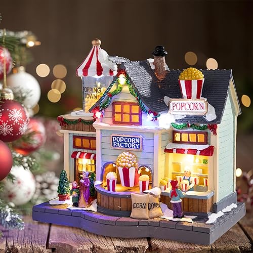 WONDER GARDEN Casa de pueblo navideño, coloridos edificios coleccionables de palomitas de maíz y helados, casa de Navidad con luz LED con música