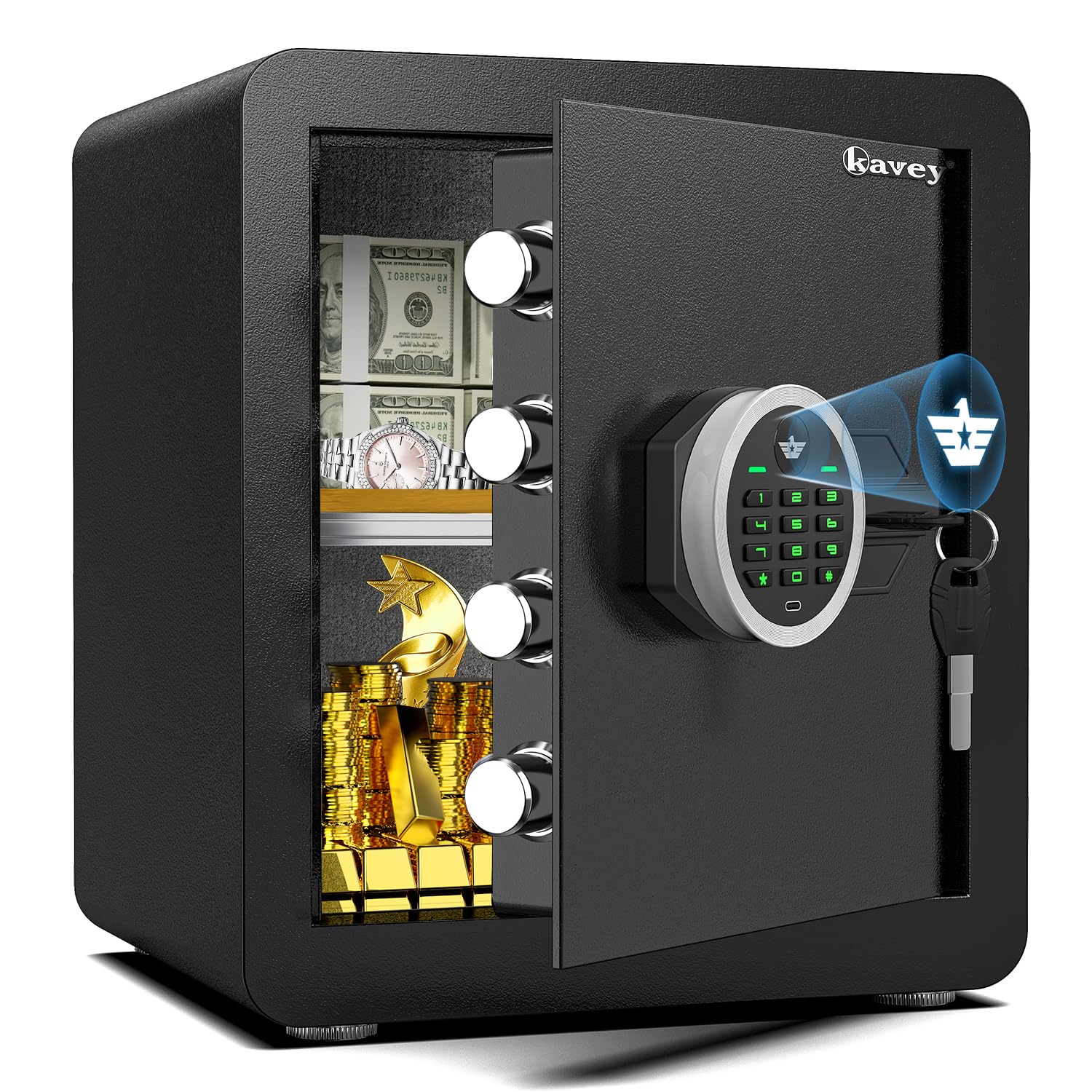 Kavey [2024 NEW] 1.7 Cub Fireproof Safe Box, Home Safe with Digital Keypad and Dual Alarm System, Money Safe With Mute Function and LED Light, Safe with Removable Shelf, Safe for Money Valuables