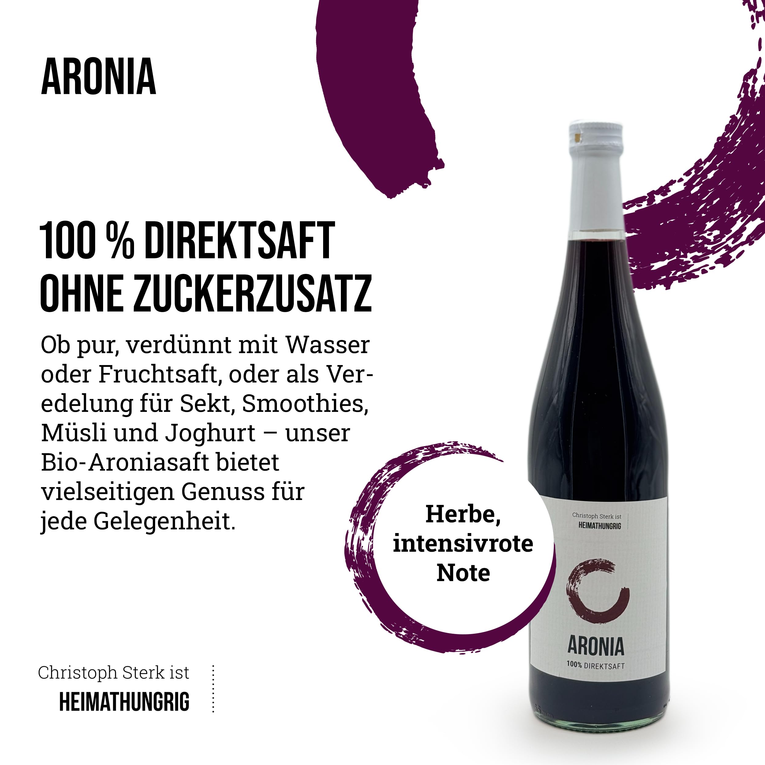 Heimathungrig - Bio Aronia Direktsaft 12x0,75L - Fruchtsaft aus 100% Aroniabeeren - naturtrüber, vegan & ungesüßt - Natürlicher Aroniasaft ohne Zuckerzusatz (Regionaler Saft aus Deutschland)
