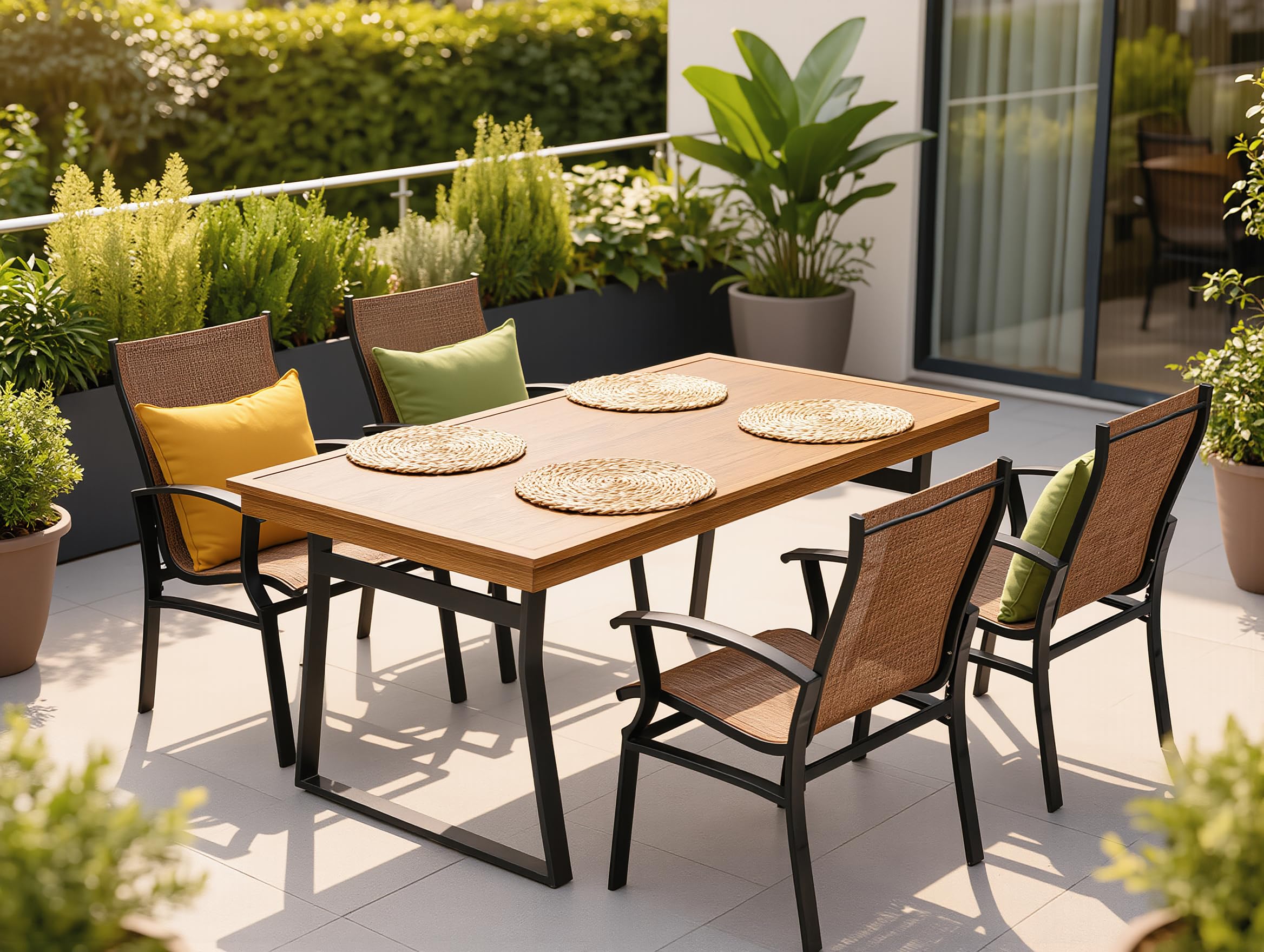 Set Pranzo da Giardino 5 Pezzi HAVANA – Tavolo Rettangolare 150x90 cm Vetro Temperato Effetto Legno + 4 Poltrone Textilene Traspirante con Braccioli Struttura Alluminio Antracite Arredo Giardino