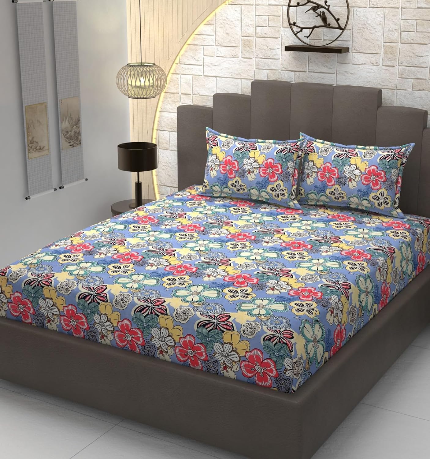 Jashan 210 TC Glace Cotton Super Soft Fabric King Size Fitted Bedsheet for Double Bed, King Size 72 inches X 78 Inches x 10 Inches, with 2 Large Size Pillow Covers - Multi Colors-image-38